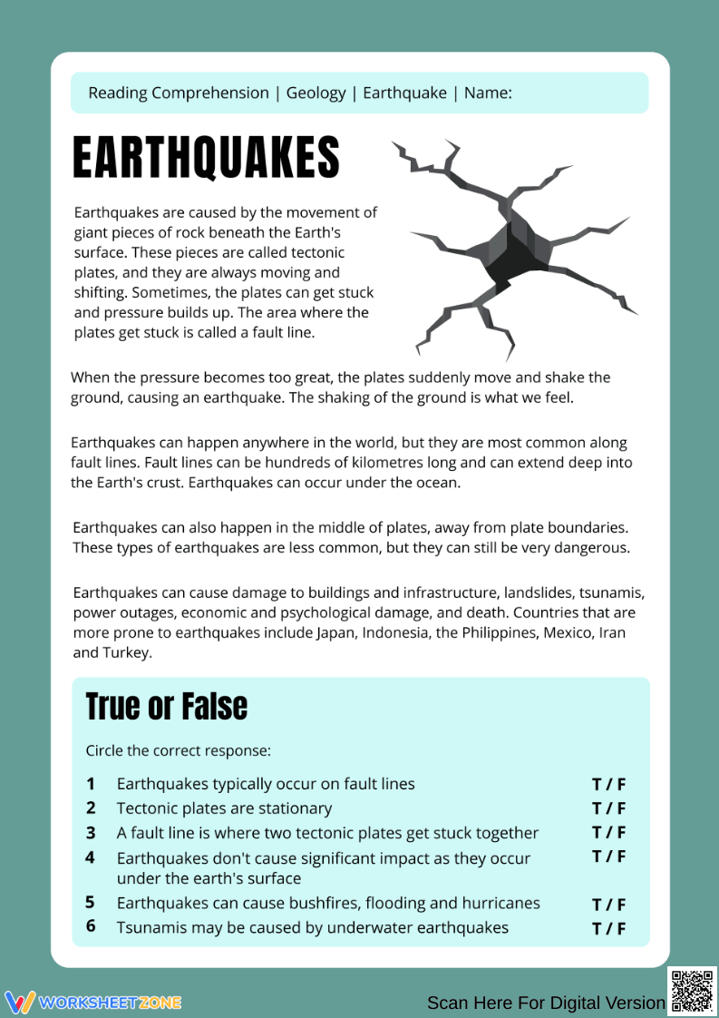 Earthquakes Reading Comprehension Worksheet - Page 2