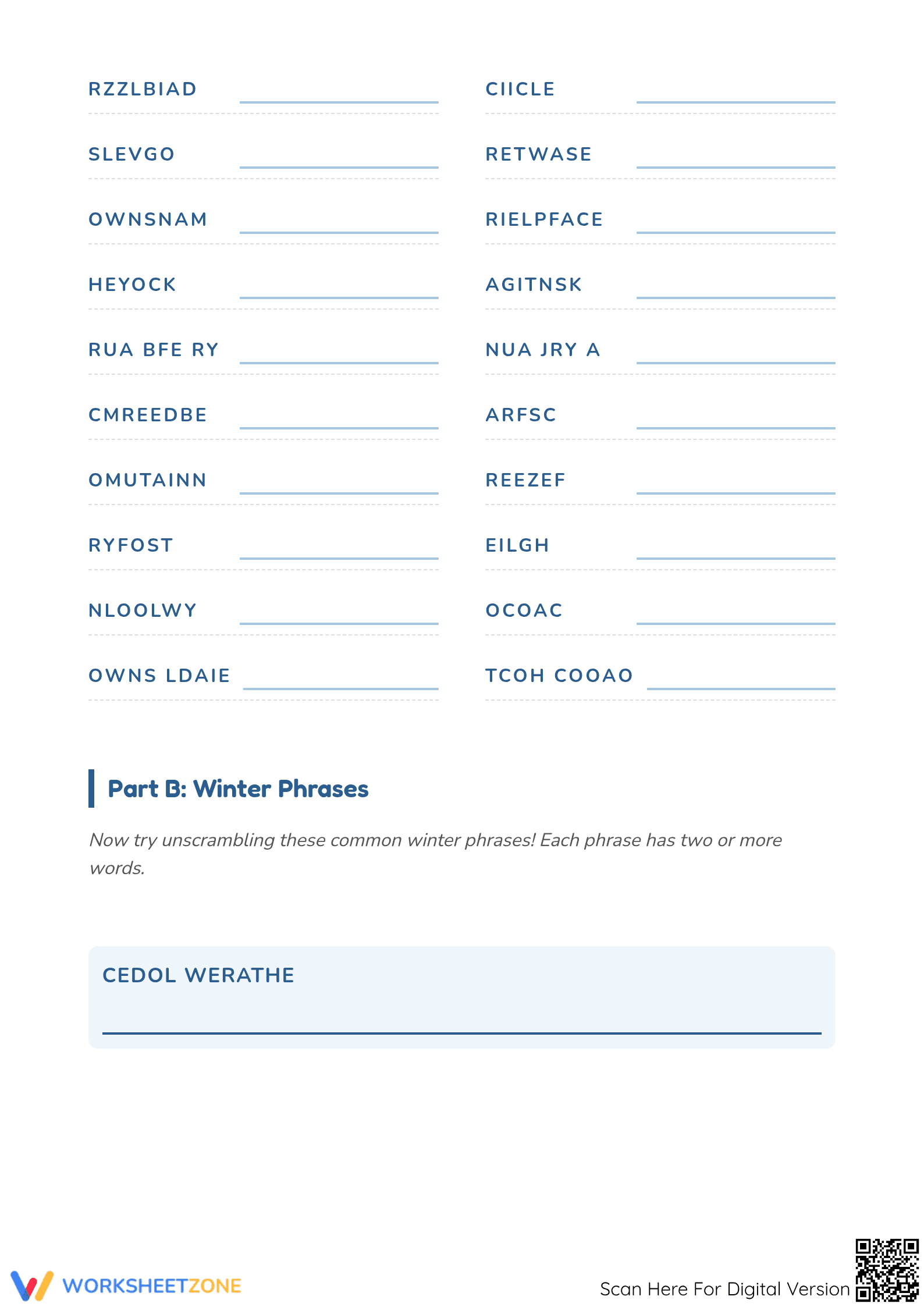 Winter Word Scramble - Part 2 Worksheet - Page 2