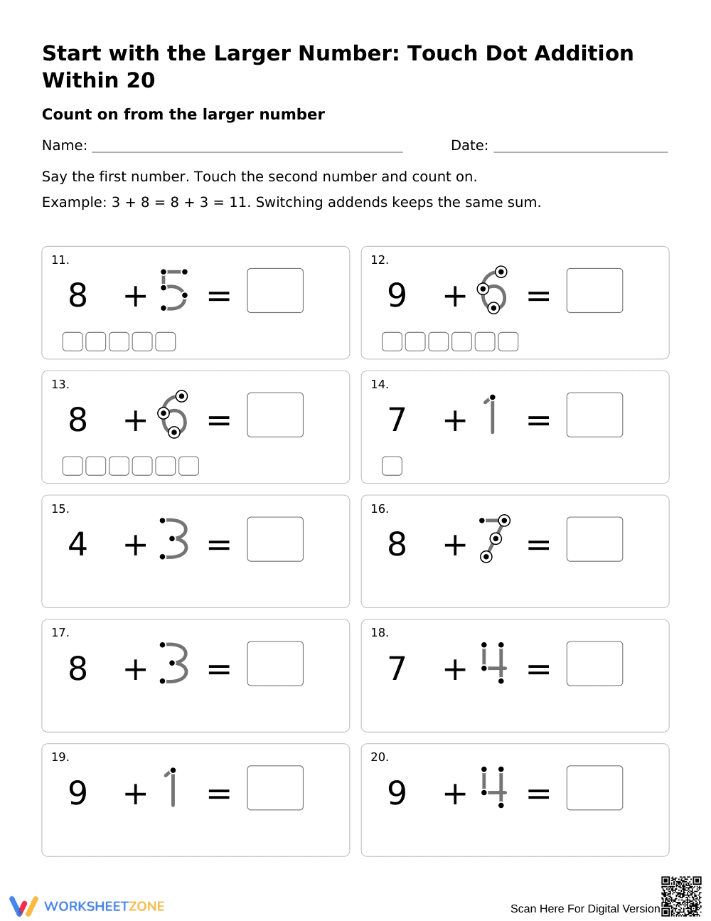 Printable Touch Dot Addition Within 20 | Grade 1 Math - Page 2