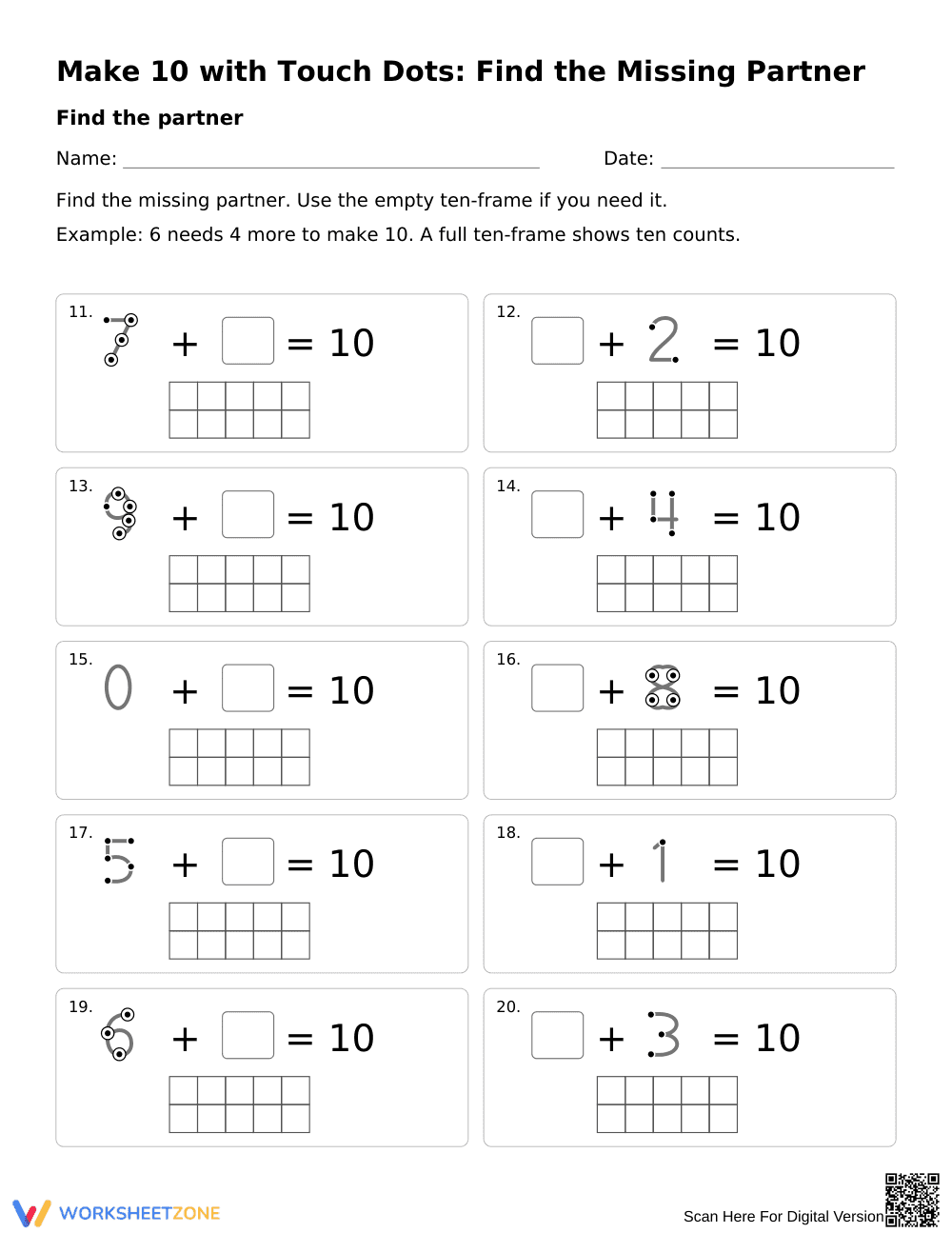 Make 10 with Touch Dots Worksheet | Grade K Math Printable - Page 2