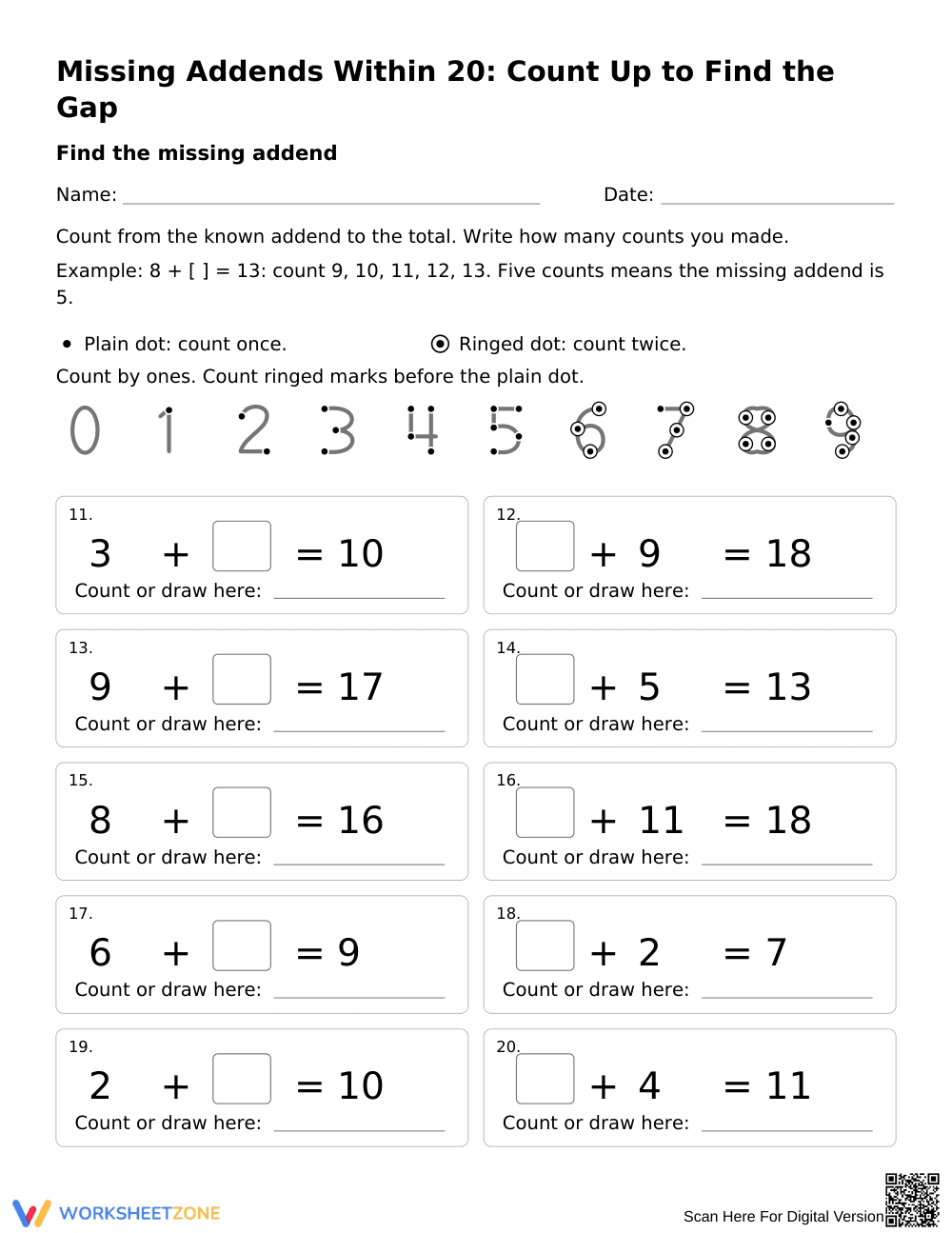 Missing Addends Within 20 Printable Worksheet | Grade 1 - Page 2