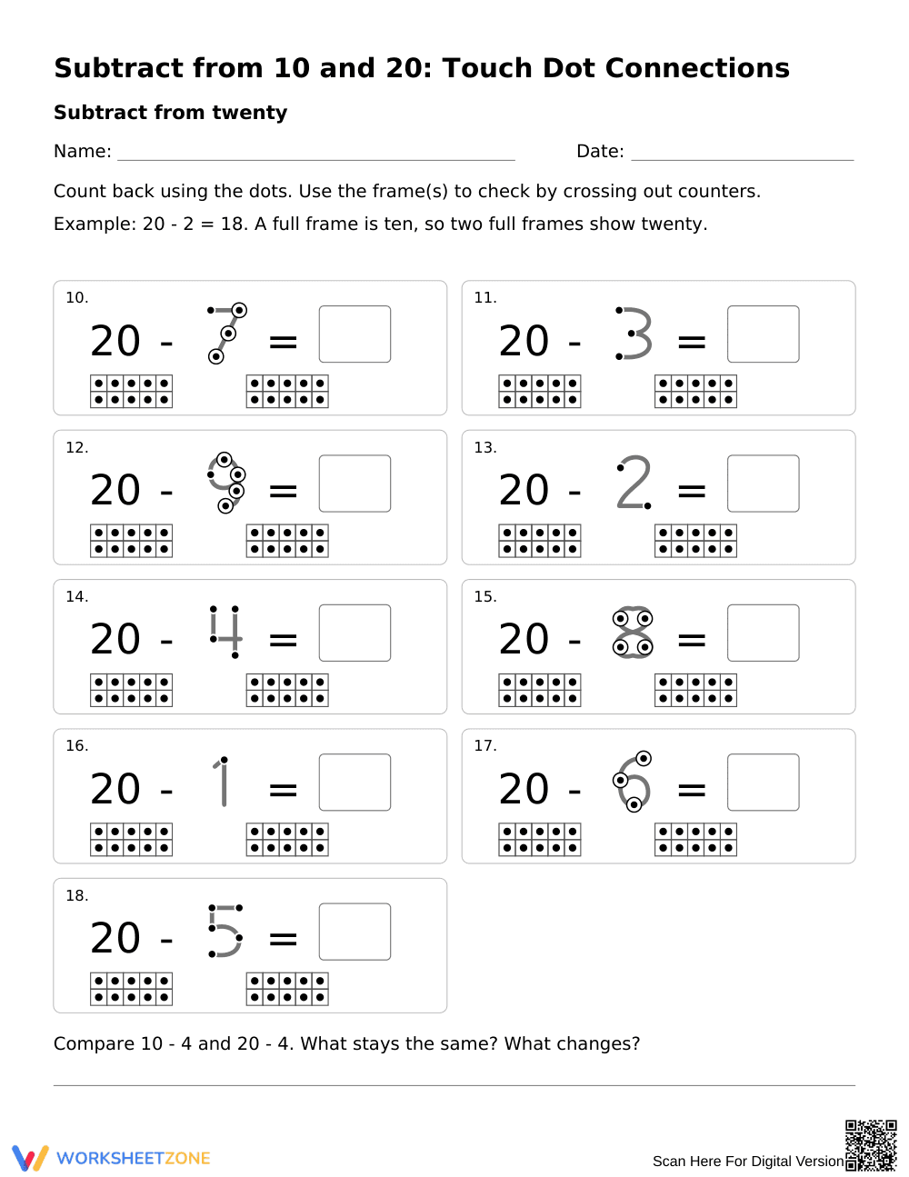 Subtract from 10 and 20 Worksheet | Grade 1 Math Printable - Page 2