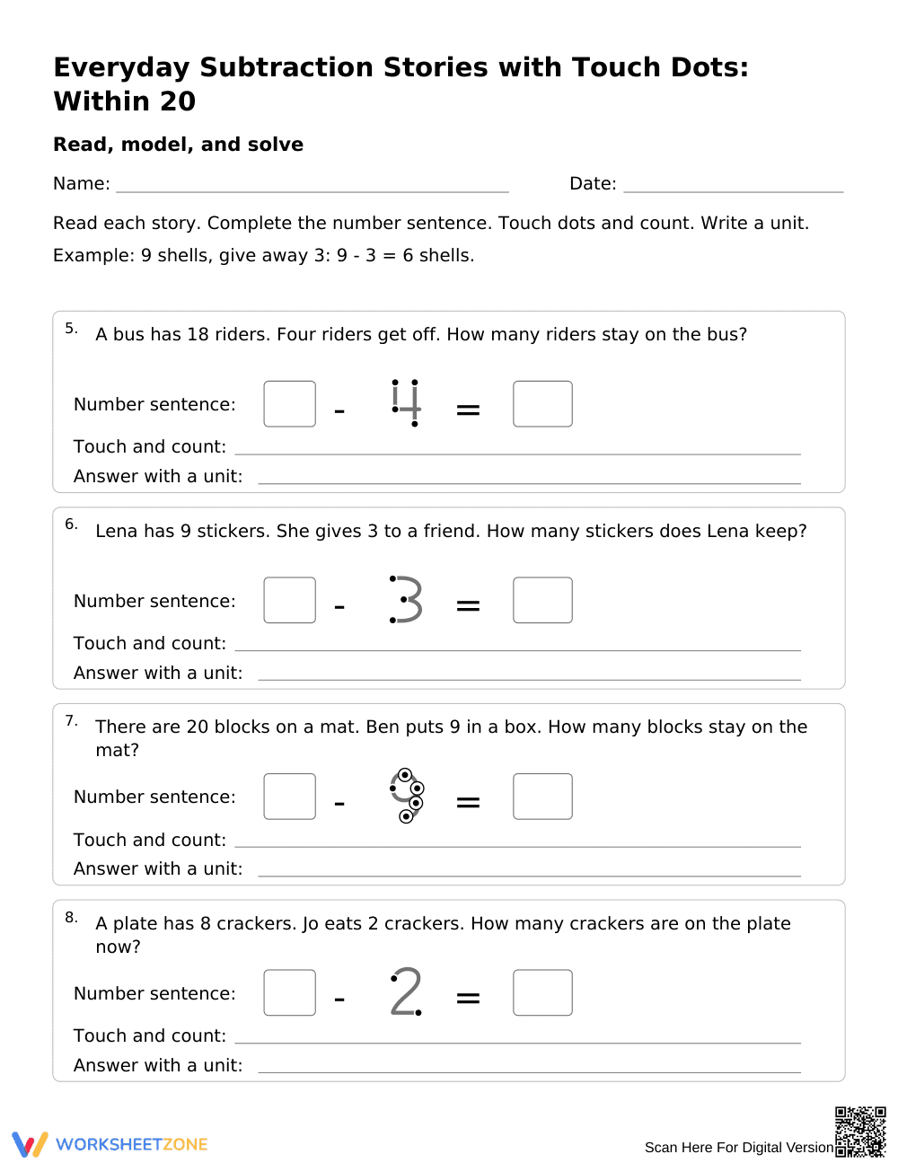 Subtraction Within 20 Word Problems | Grade 1 Printable - Page 2