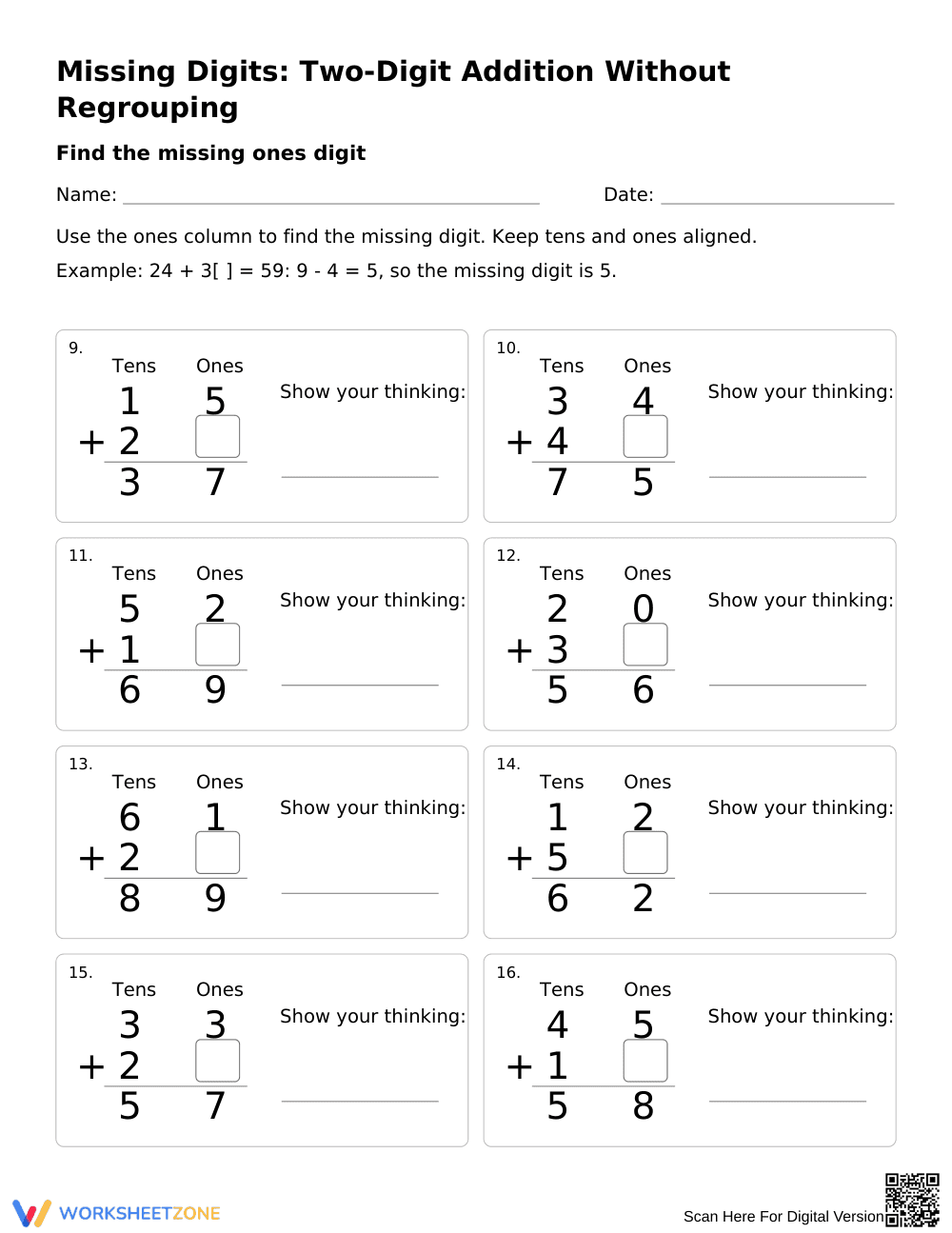 Missing Digits Addition Worksheet | Grade 1 Math Printable - Page 2