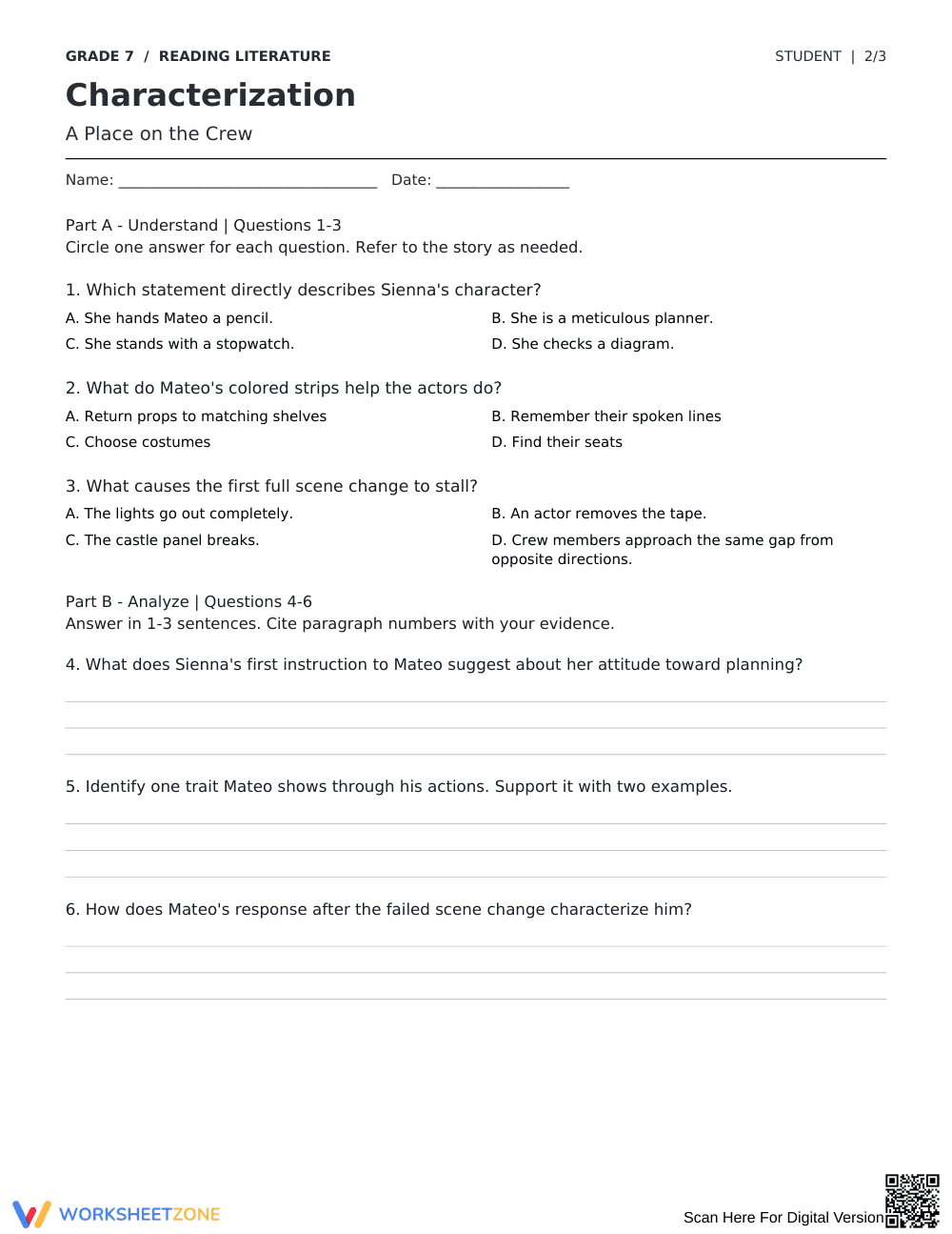 Complete Characterization Worksheet | Grade 7 ELA - Page 2