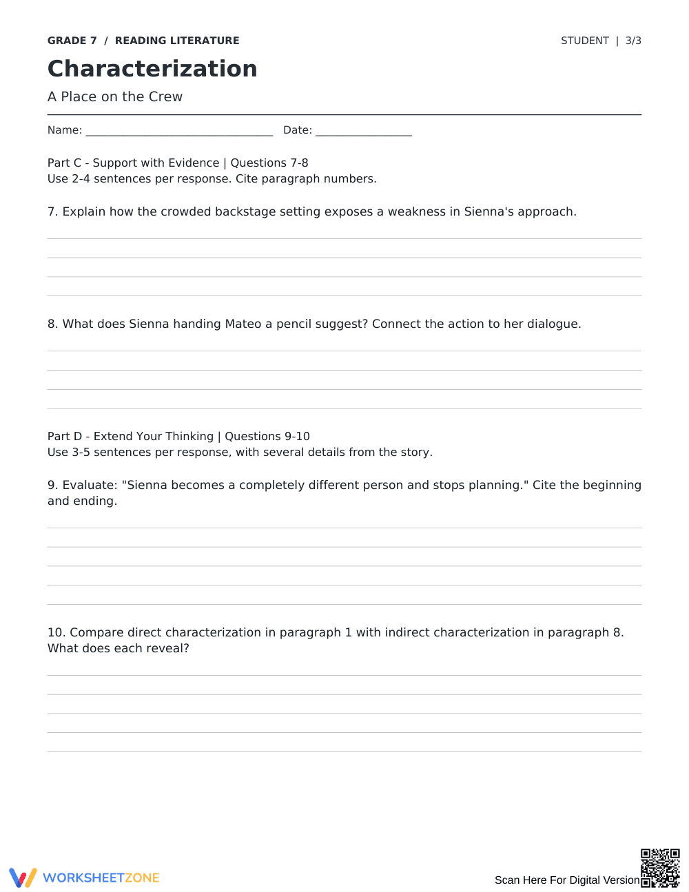Complete Characterization Worksheet | Grade 7 ELA - Page 3
