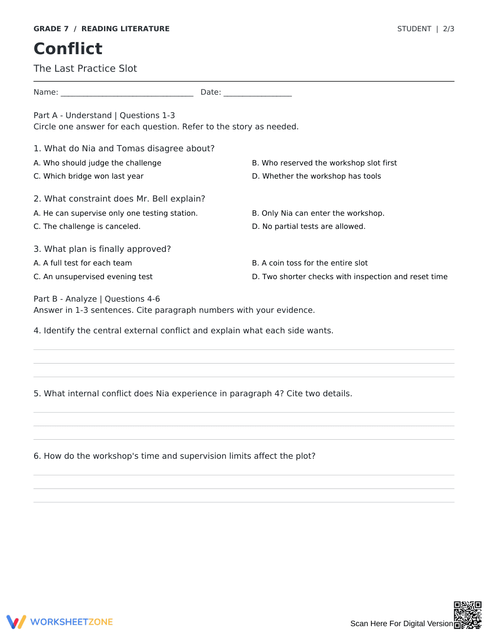 Printable Literary Conflict Worksheet | Grade 7 ELA - Page 2