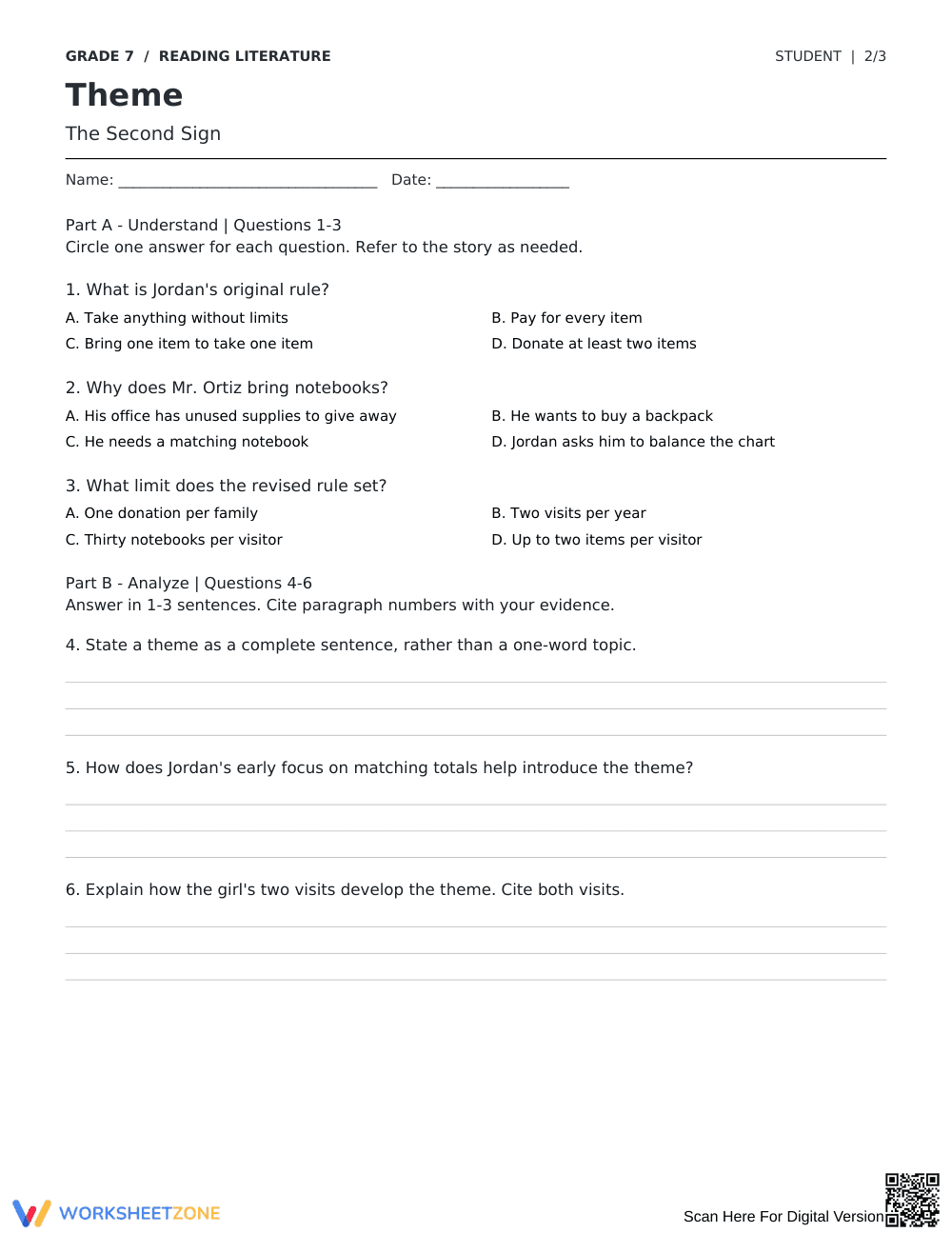 Theme Worksheet — The Second Sign | Grade 7 Printable - Page 2