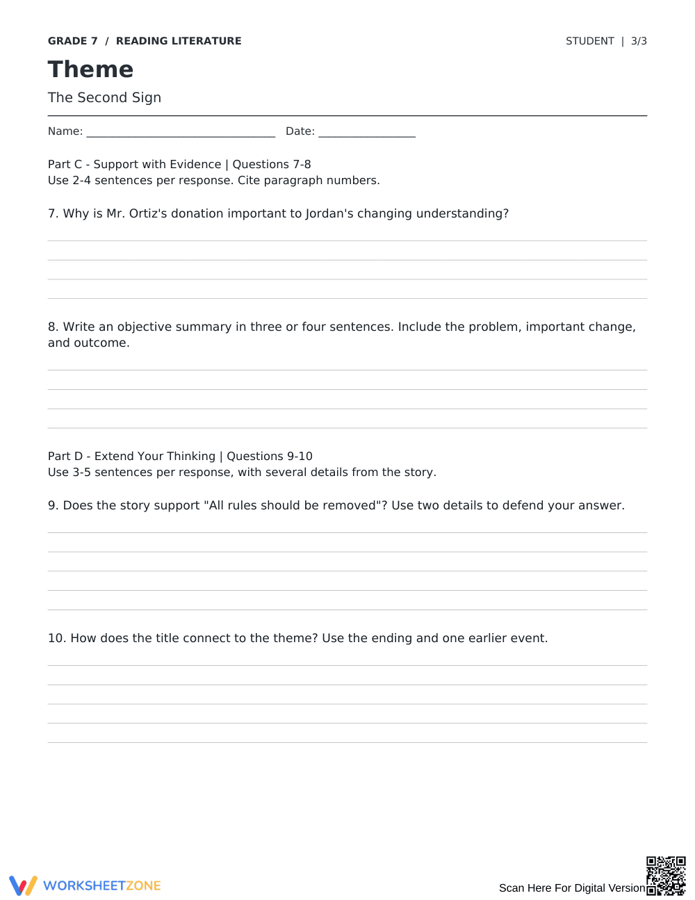 Theme Worksheet — The Second Sign | Grade 7 Printable - Page 3