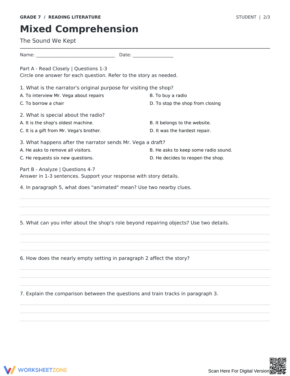 RL.7.1 Worksheet: The Sound We Kept — Grade 7 Aligned - Page 2