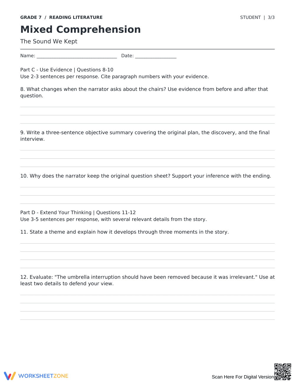 RL.7.1 Worksheet: The Sound We Kept — Grade 7 Aligned - Page 3