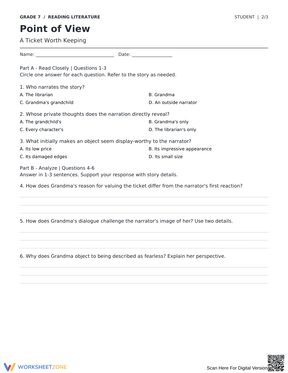 Point of View Worksheet | Grade 7 Printable ELA - Page 2