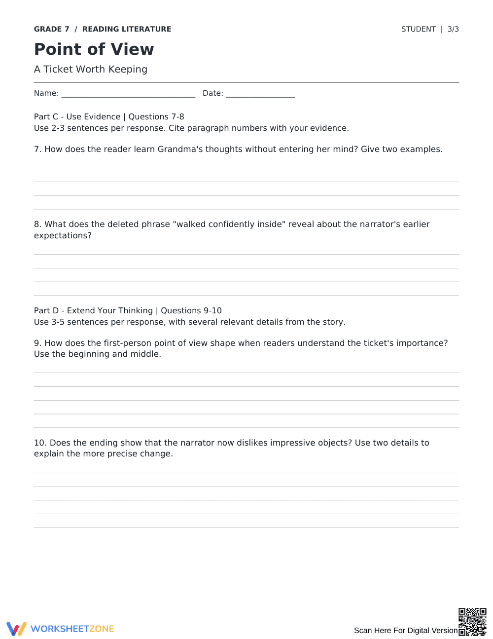 Point of View Worksheet | Grade 7 Printable ELA - Page 3
