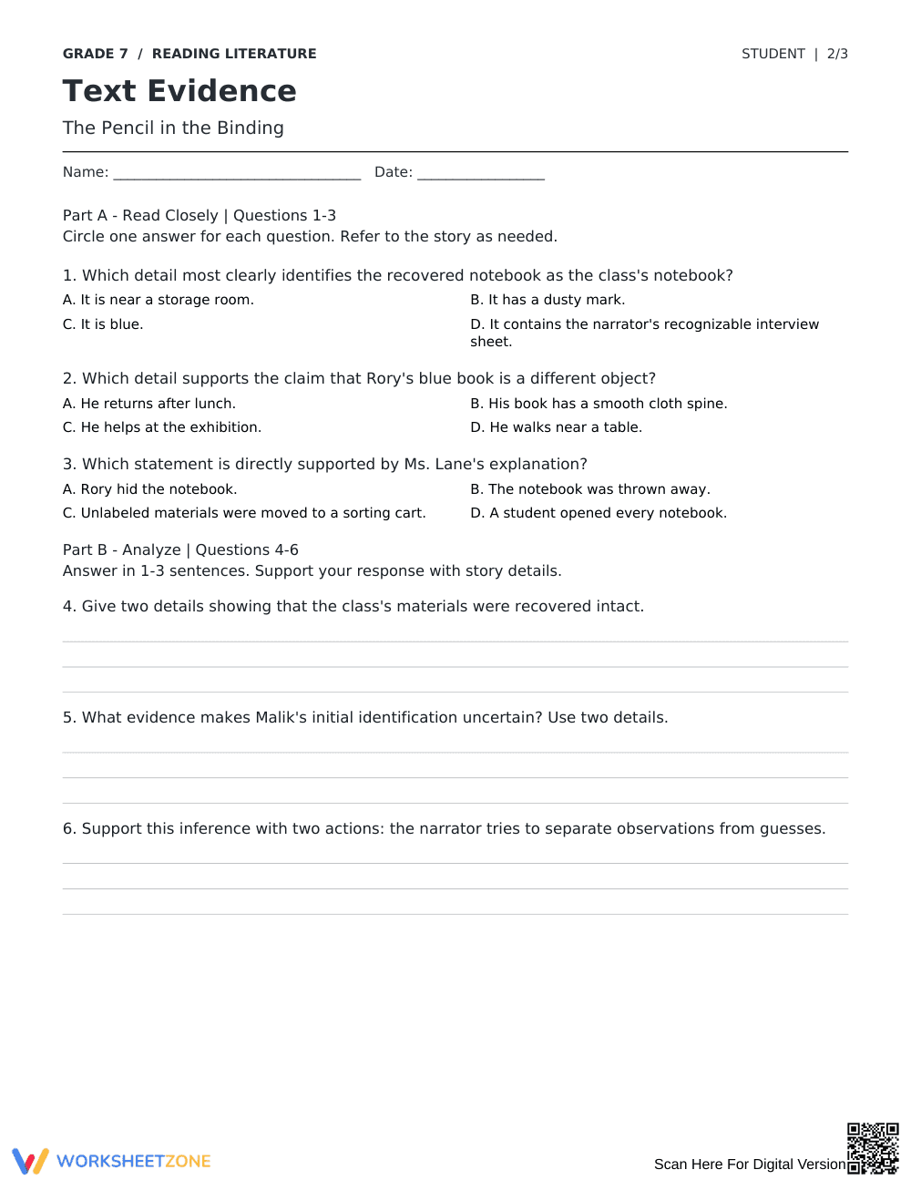 Text Evidence Worksheet | Grade 7 Reading Printable - Page 2