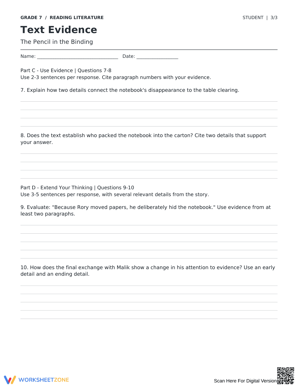 Text Evidence Worksheet | Grade 7 Reading Printable - Page 3