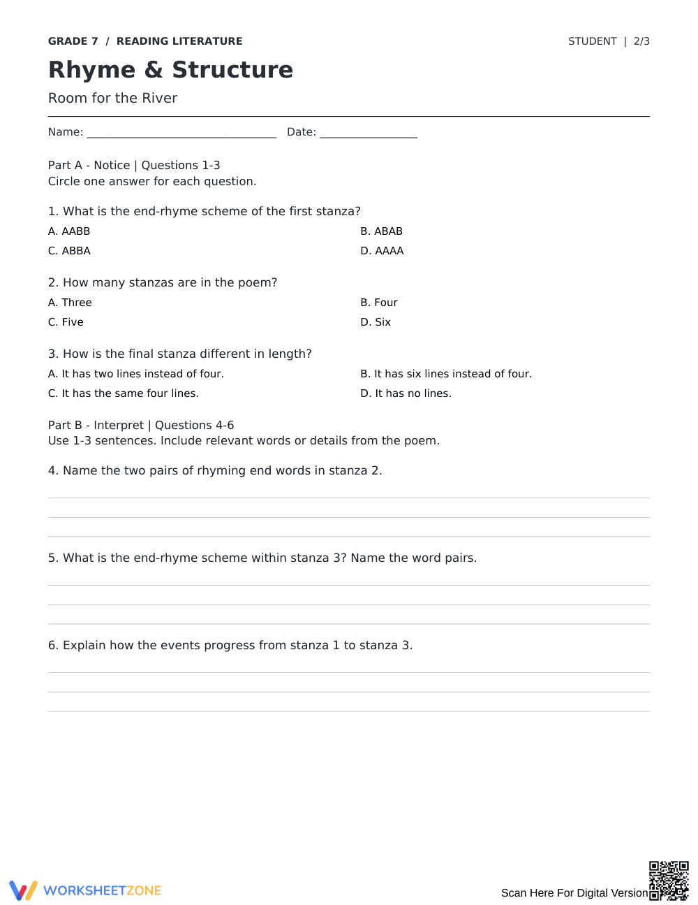 Poetic Rhyme and Structure Worksheet | Grade 7 Essential - Page 2