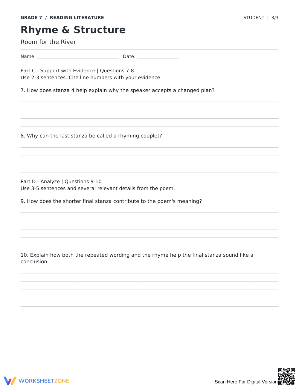 Poetic Rhyme and Structure Worksheet | Grade 7 Essential - Page 3