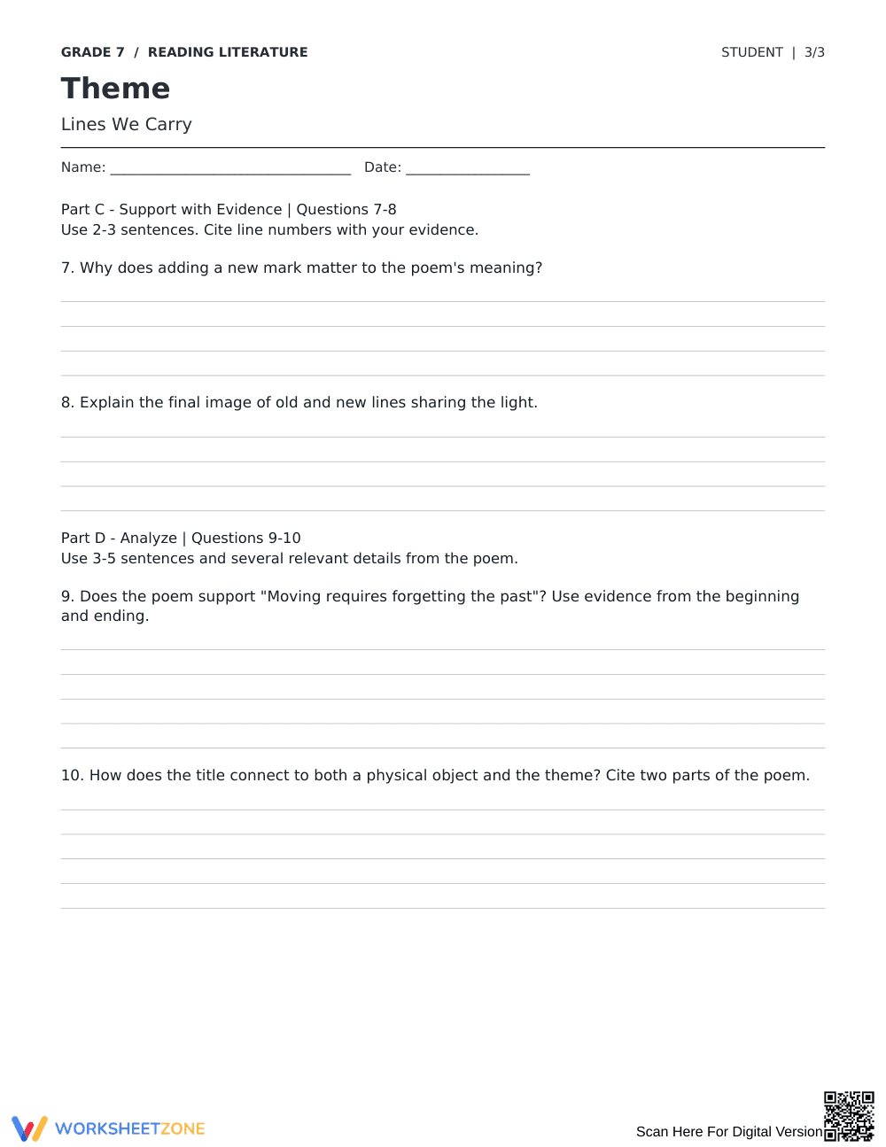 Theme in Poetry Worksheet | Grade 7 Reading Essential - Page 3