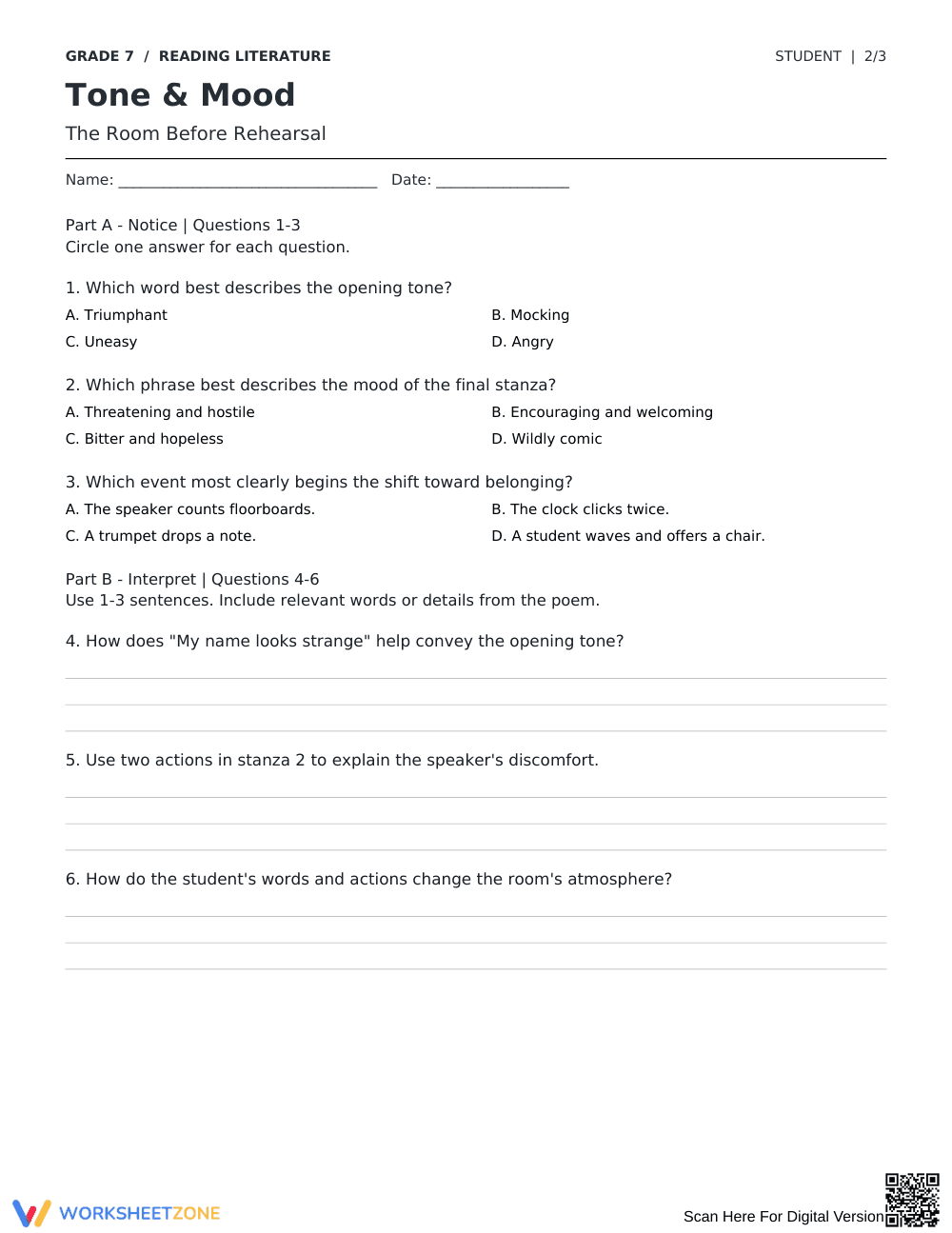 Tone and Mood Poetry Worksheet | Essential Grade 7 ELA - Page 2