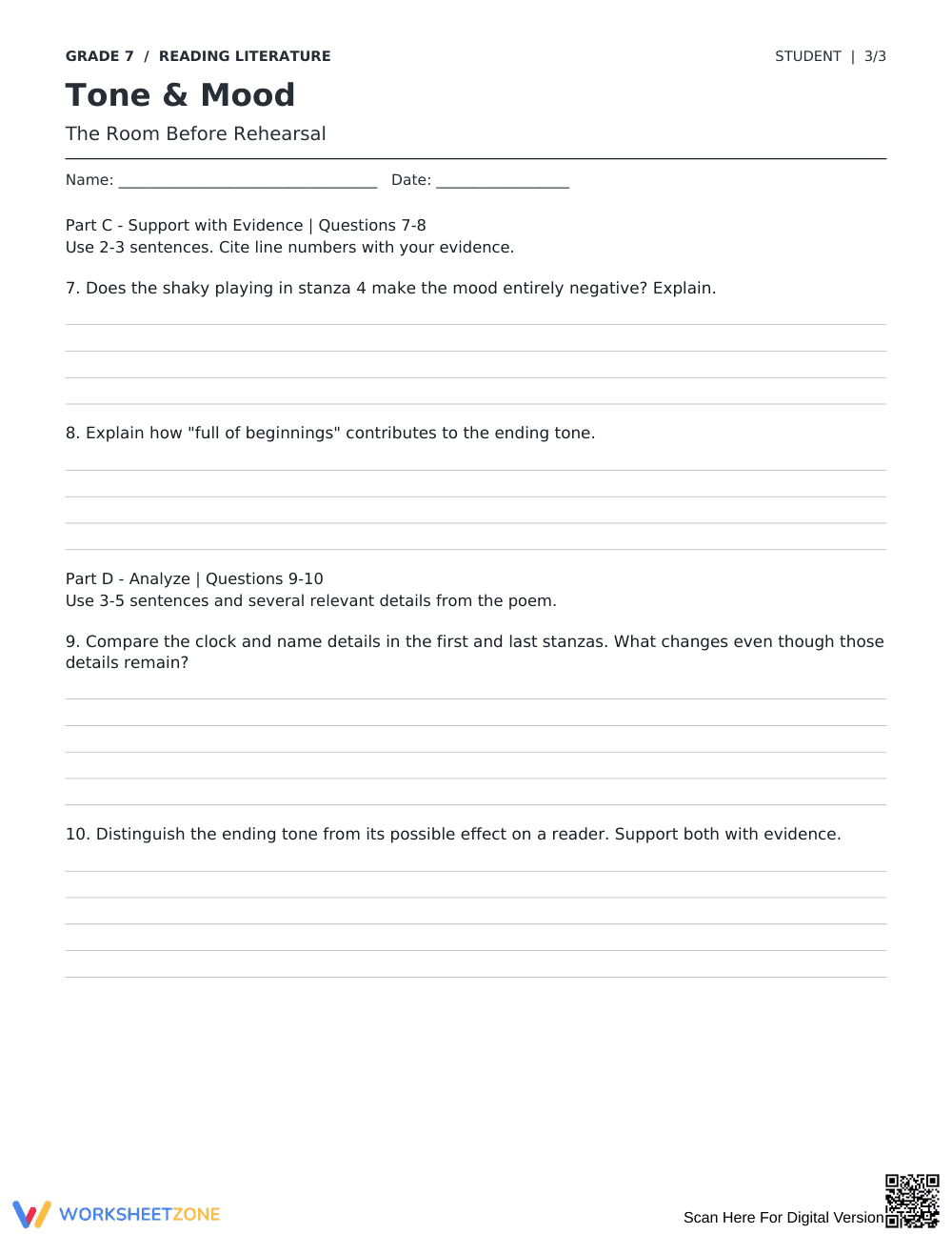 Tone and Mood Poetry Worksheet | Essential Grade 7 ELA - Page 3