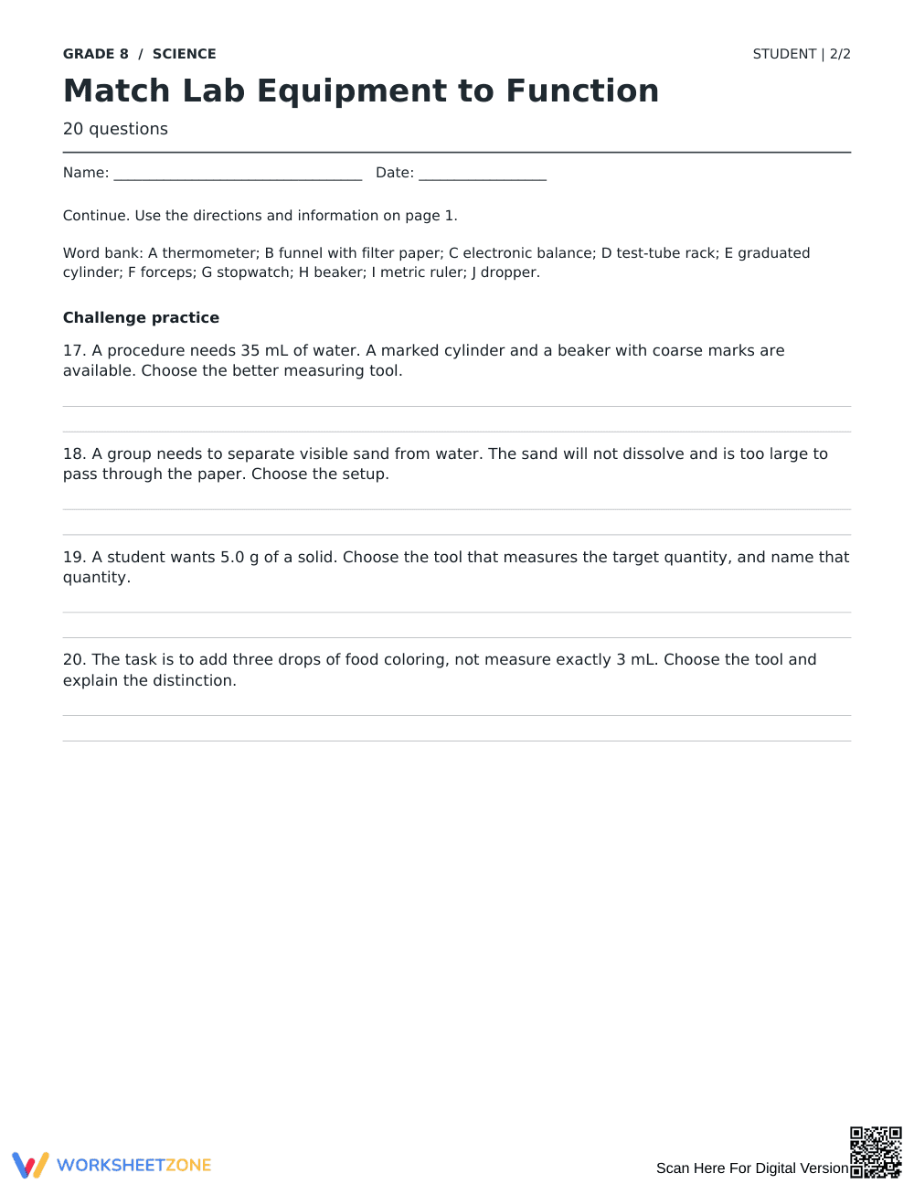 Lab Equipment Worksheet | Grade 8 Science Printable - Page 2
