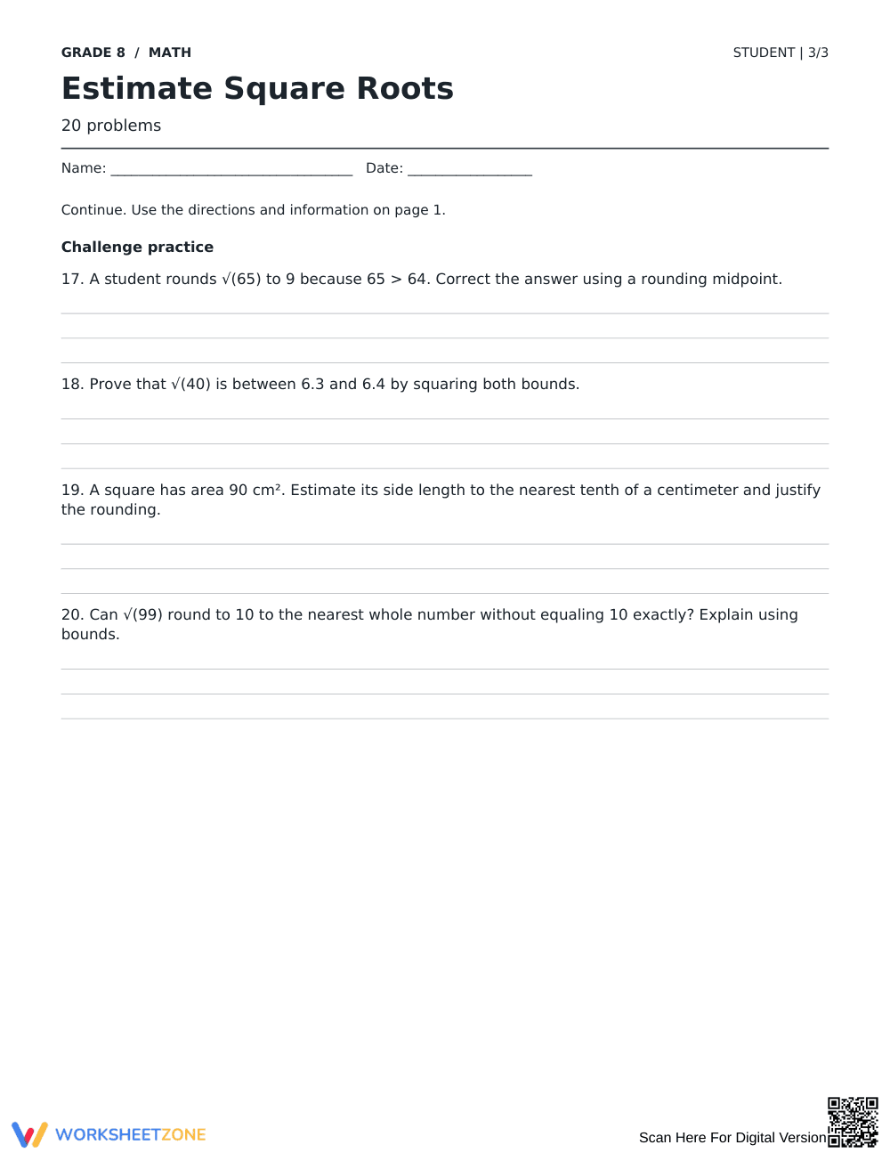 Estimate Square Roots Worksheet | Grade 8 Math Essential - Page 3