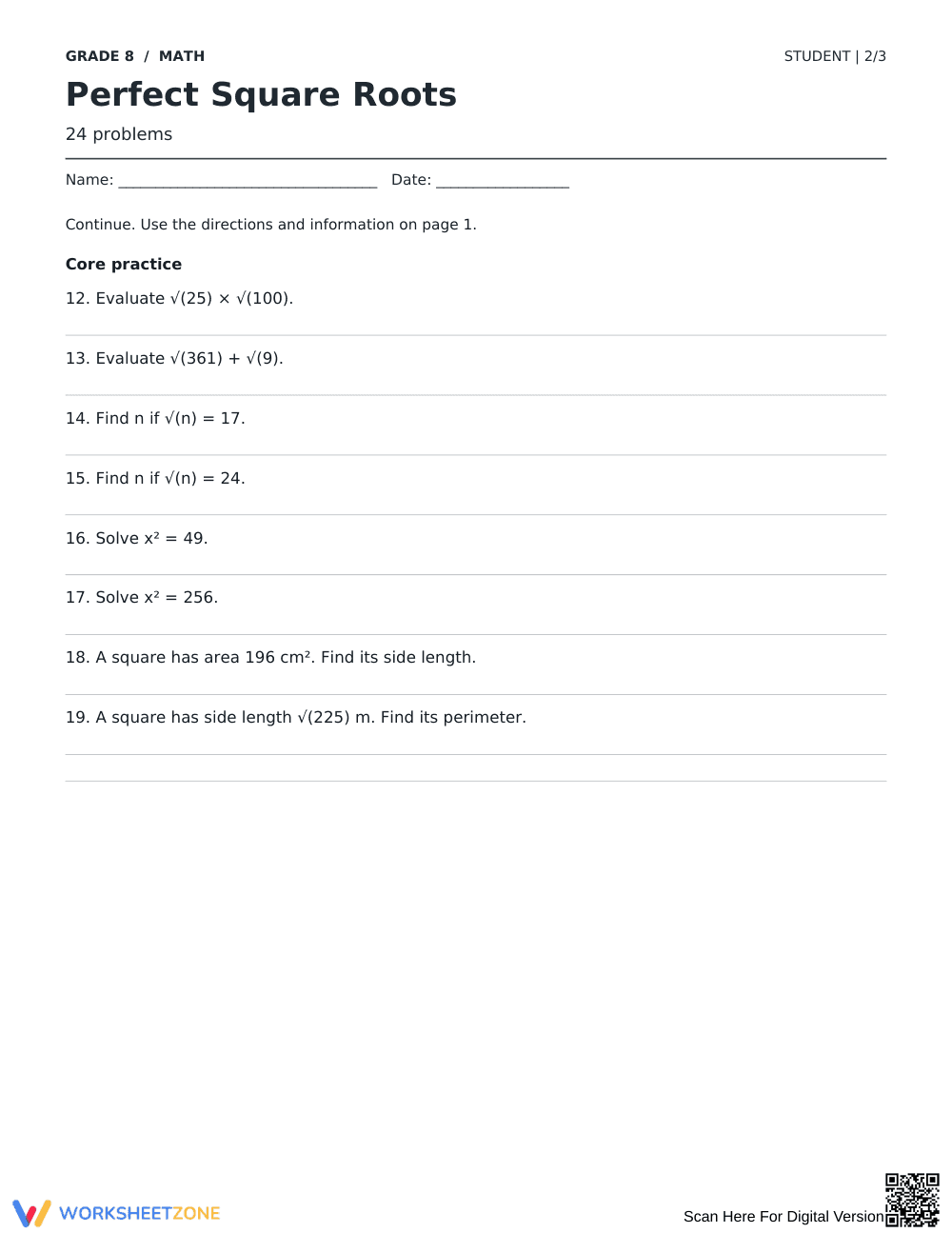 Perfect Square Roots Worksheet | Grade 8 Complete - Page 2