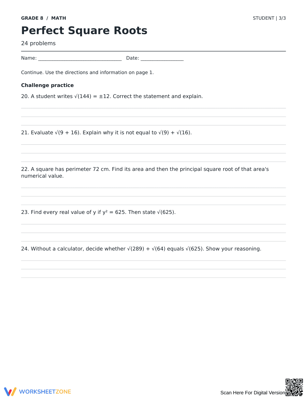 Perfect Square Roots Worksheet | Grade 8 Complete - Page 3