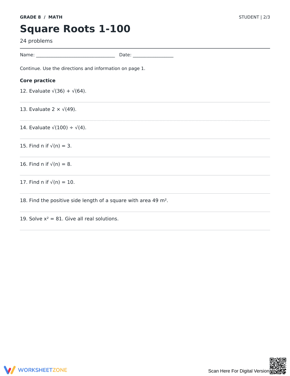 Square Roots 1-100 Worksheet | Grade 8 Math Printable - Page 2