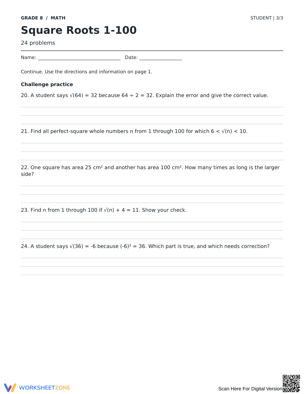 Square Roots 1-100 Worksheet | Grade 8 Math Printable - Page 3