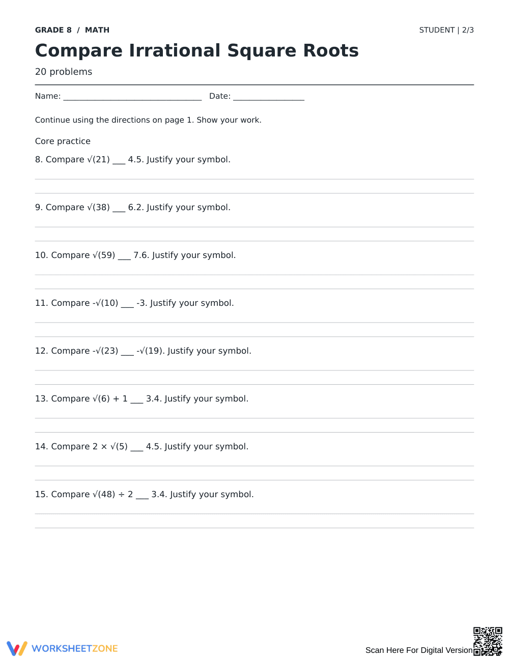 Compare Irrational Square Roots | Grade 8 Printable - Page 2