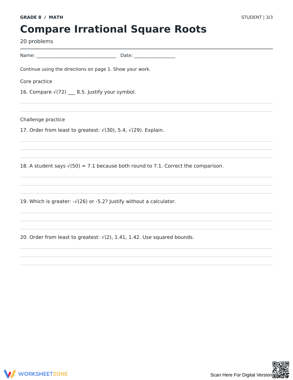 Compare Irrational Square Roots | Grade 8 Printable - Page 3