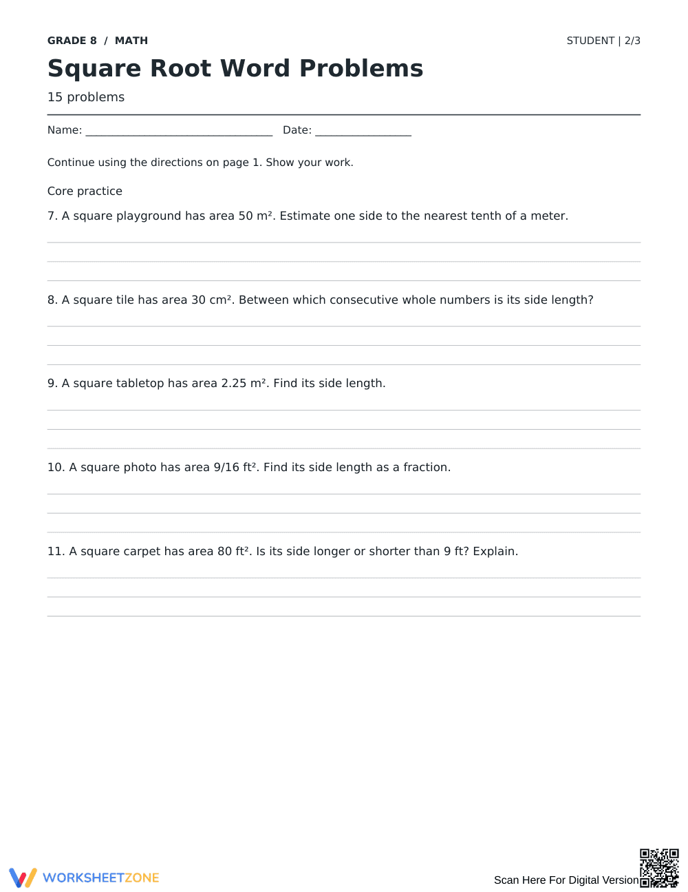 Square Root Word Problems | Grade 8 Math Printable - Page 2