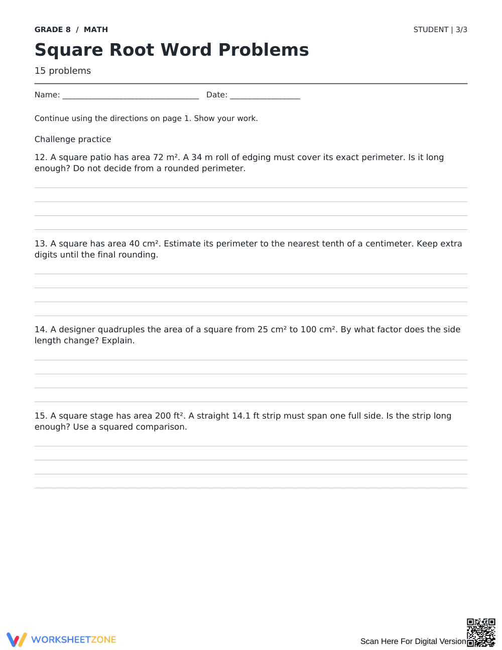 Square Root Word Problems | Grade 8 Math Printable - Page 3