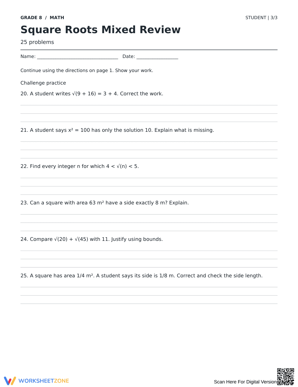 Square Roots Review Worksheet | Grade 8 Math Aligned - Page 3