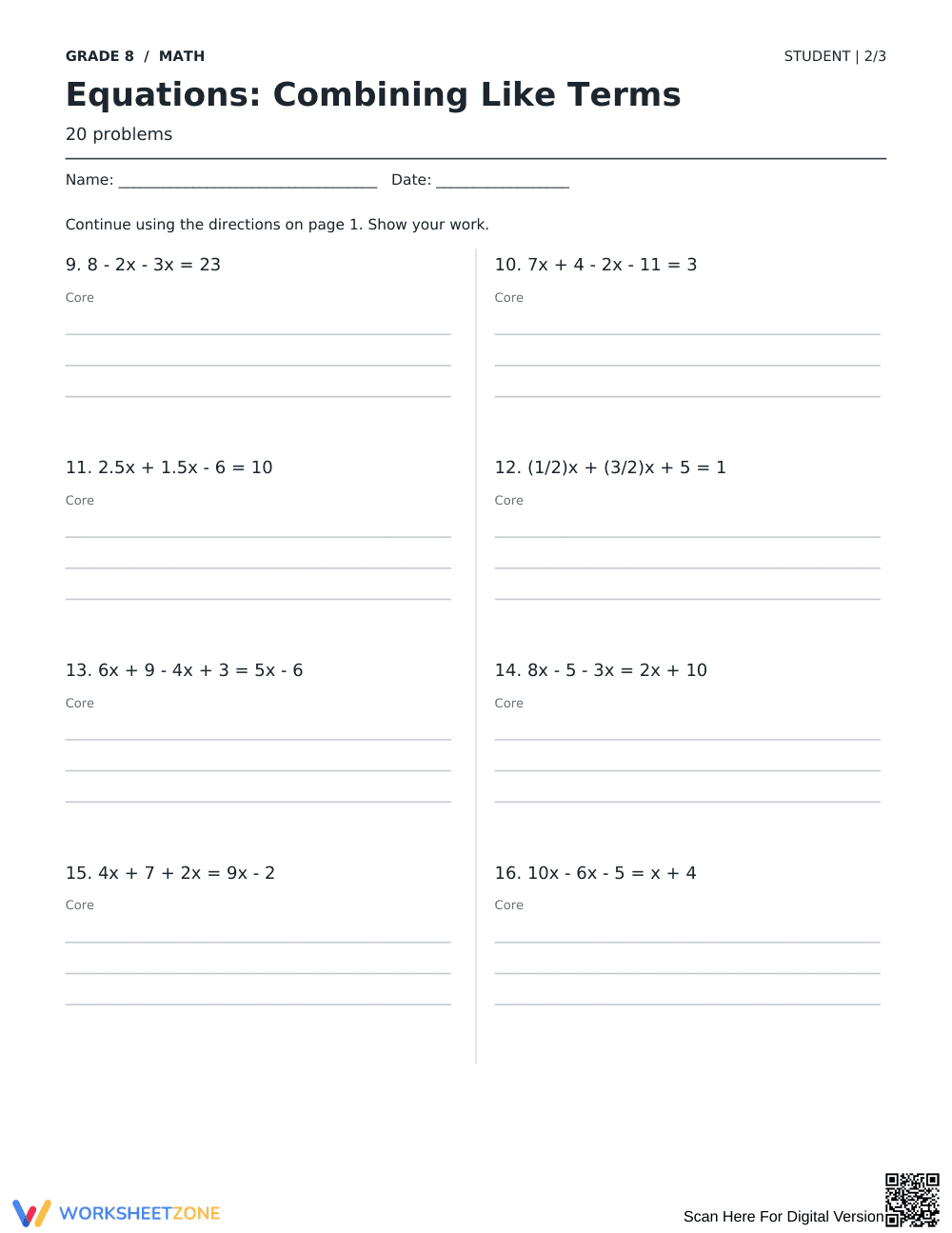 Combining Like Terms Equations Printable | Grade 8 - Page 2