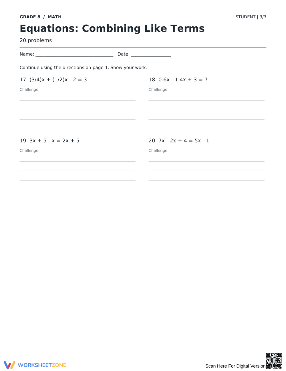 Combining Like Terms Equations Printable | Grade 8 - Page 3