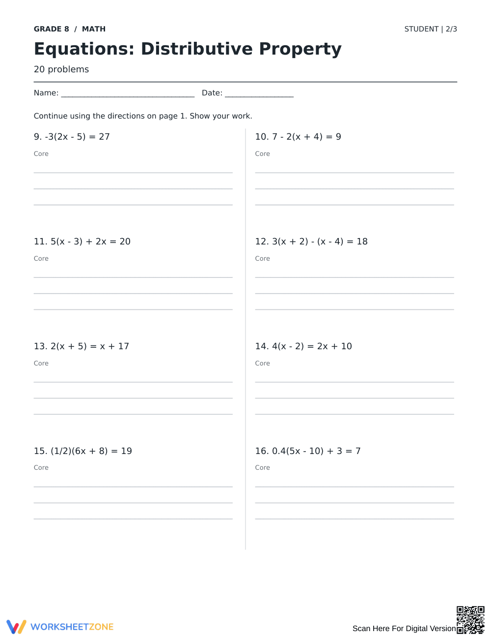 Distributive Property Equations Worksheet | Printable PDF - Page 2