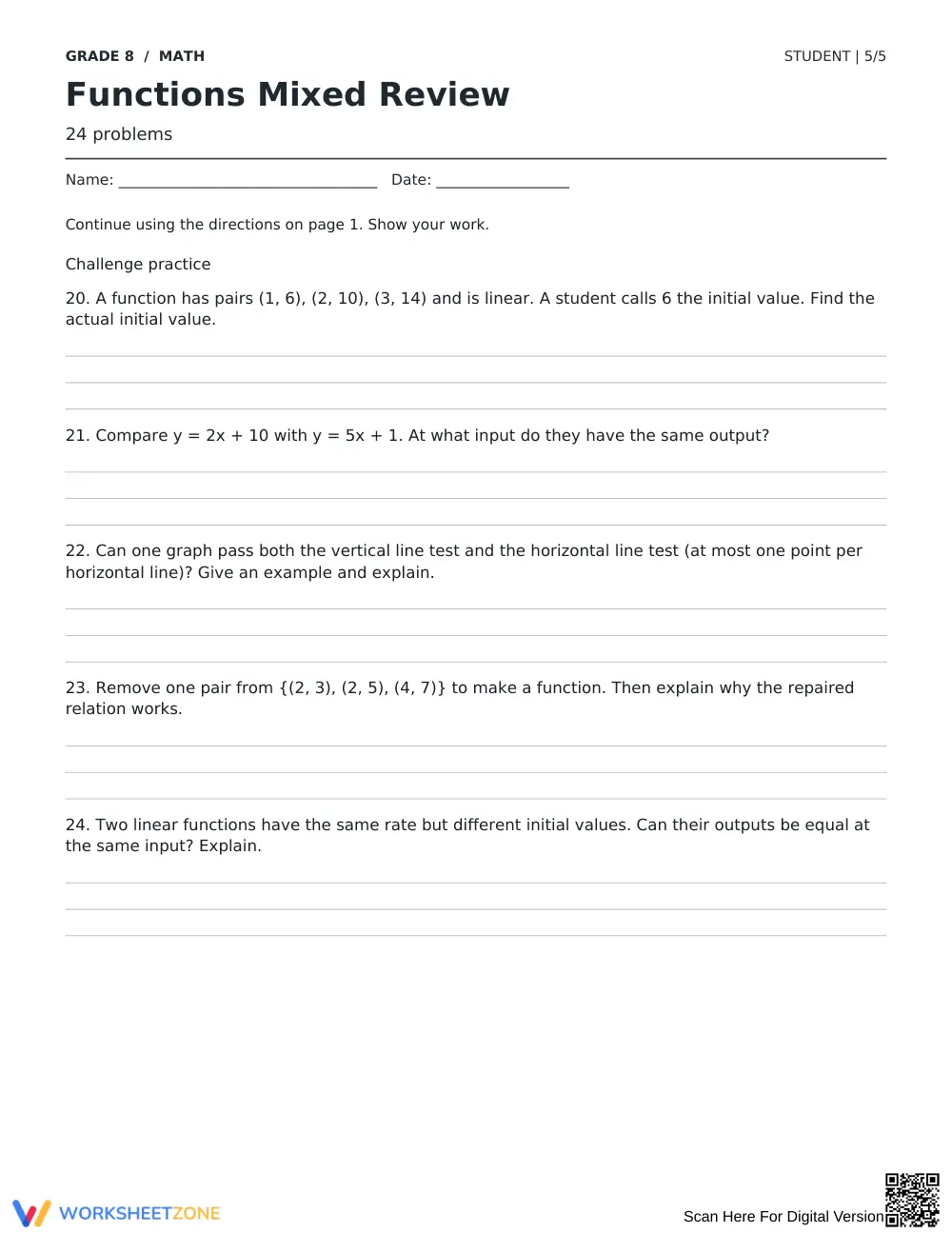 Functions Review Worksheet | Grade 8 Math Complete - Page 5