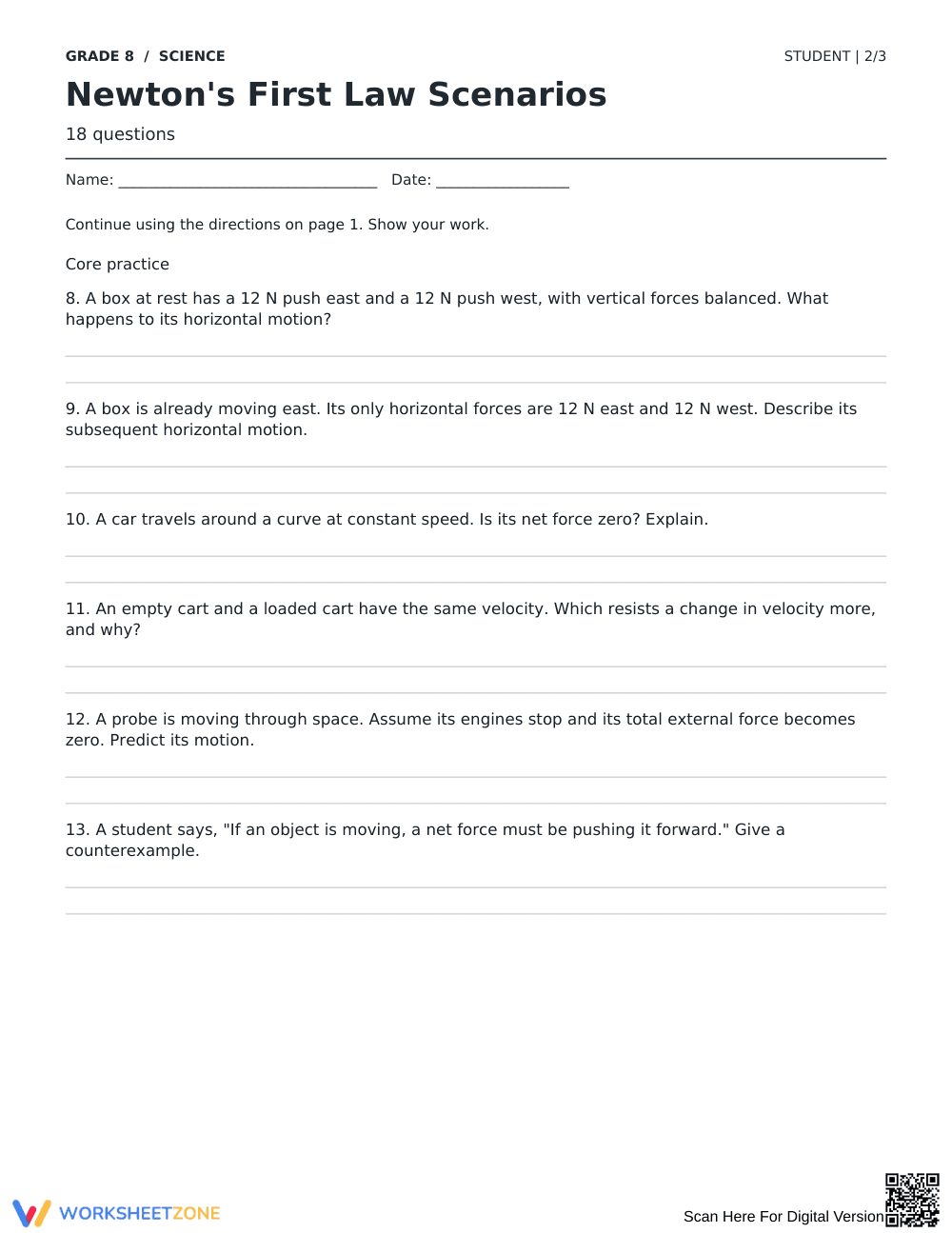 Newton's First Law Worksheet | Grade 8 Essential - Page 2