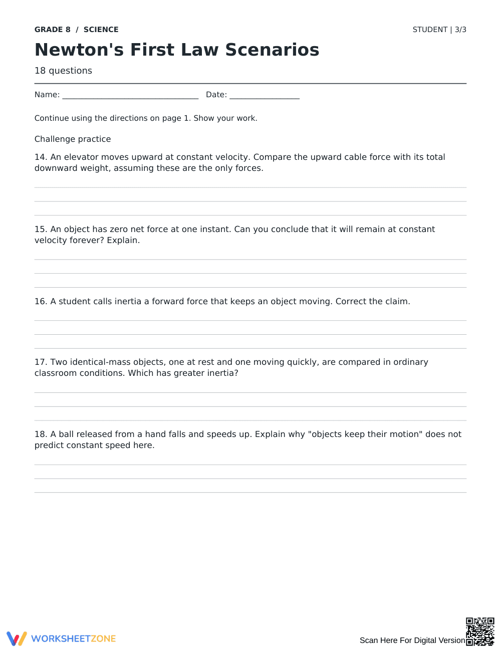 Newton's First Law Worksheet | Grade 8 Essential - Page 3