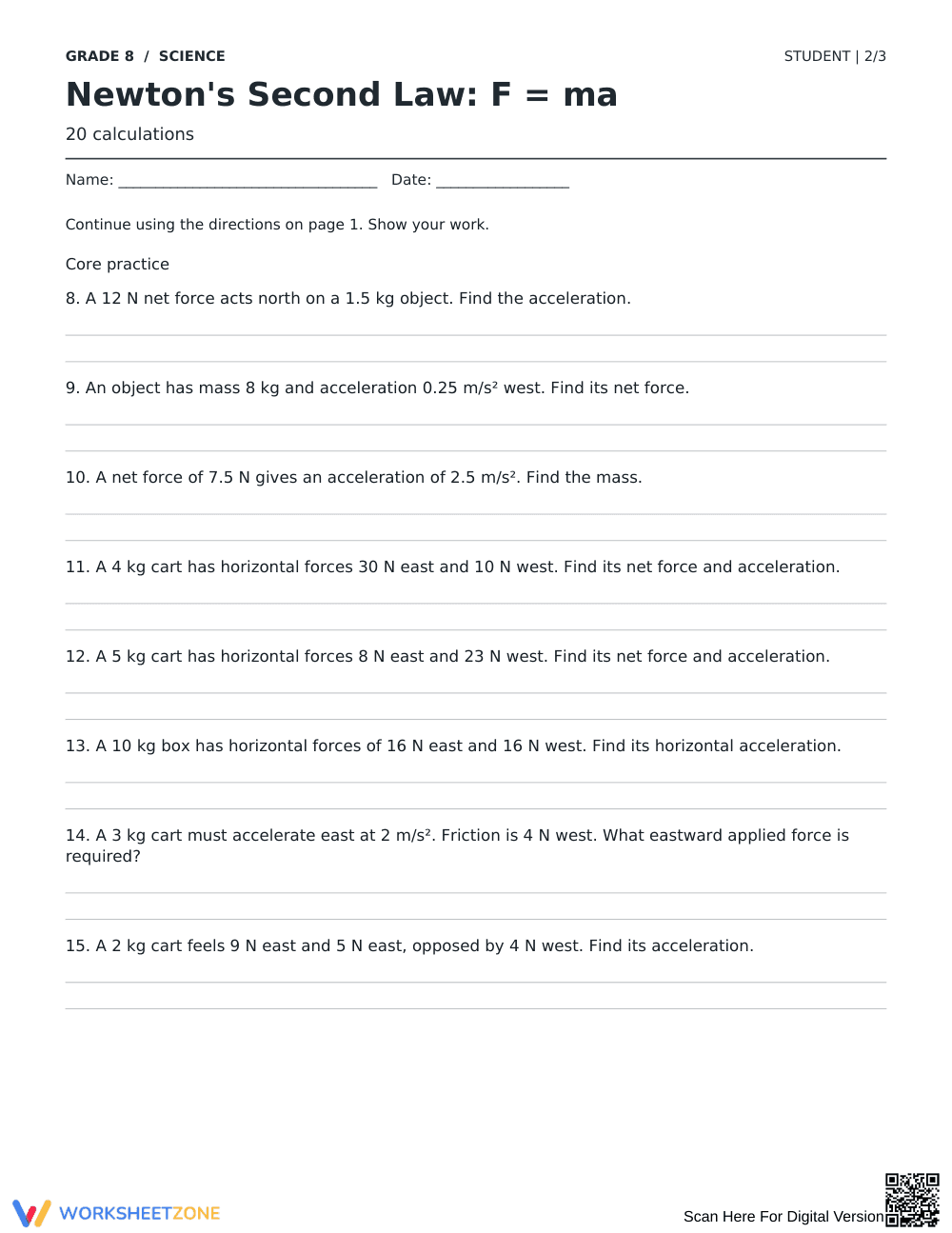 Newton's Second Law Worksheet | Printable Grade 8 Science - Page 2