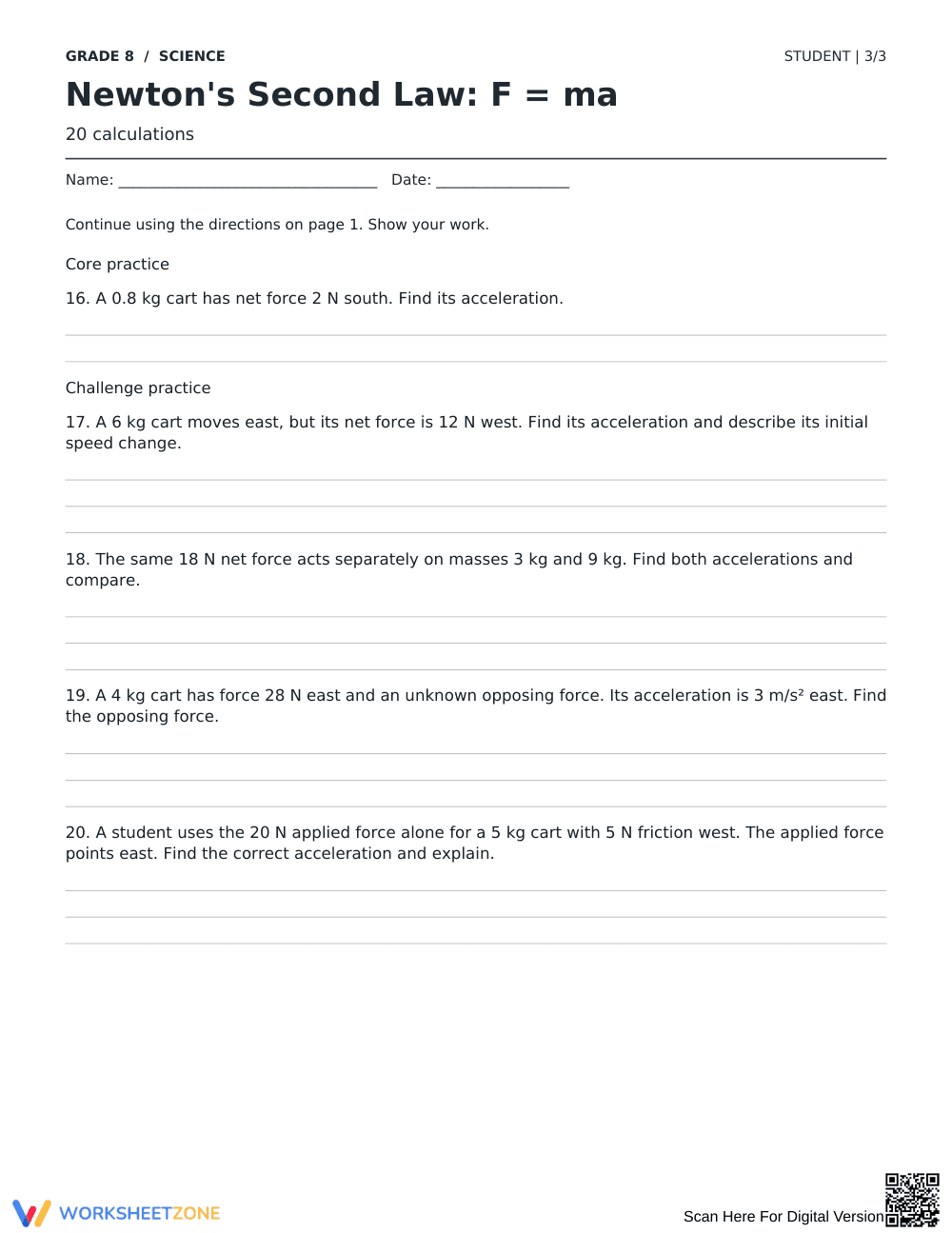 Newton's Second Law Worksheet | Printable Grade 8 Science - Page 3