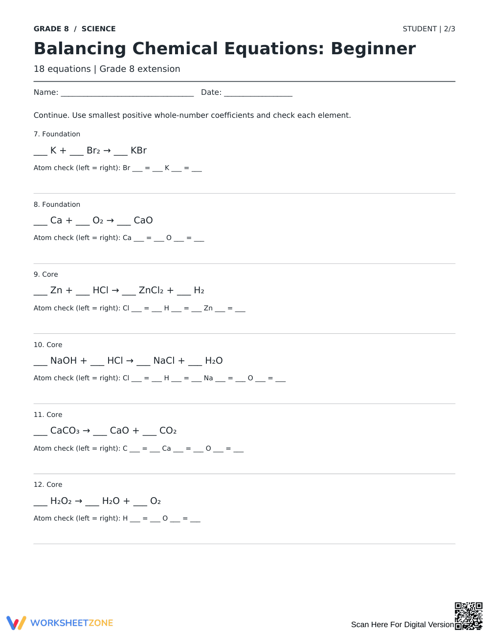 Balancing Chemical Equations Worksheet | Grade 8 Ready - Page 2