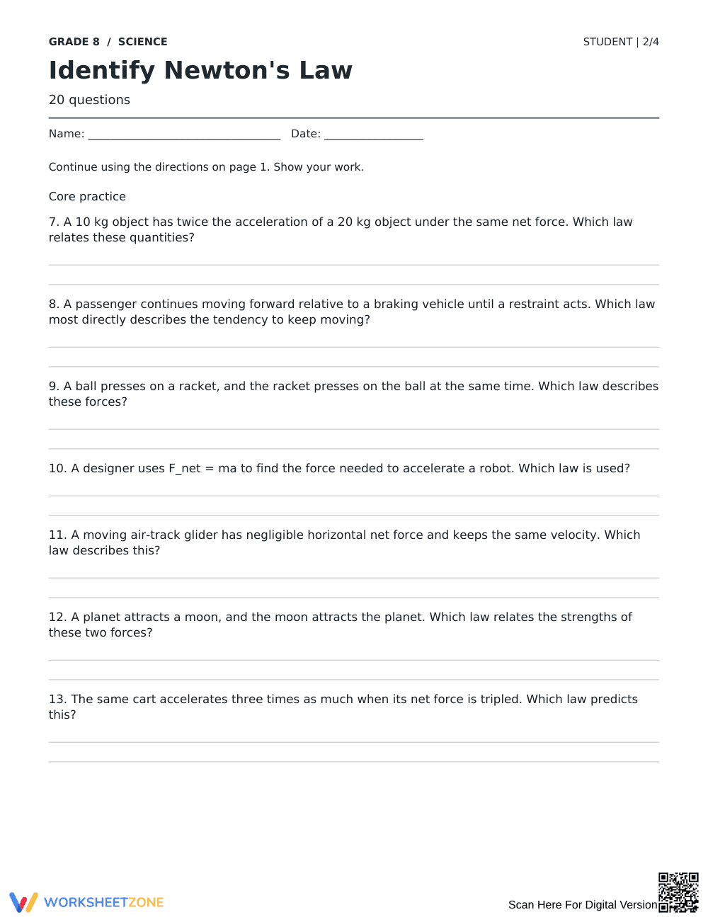 Newton's Laws Worksheet | Grade 8 Science Ready - Page 2