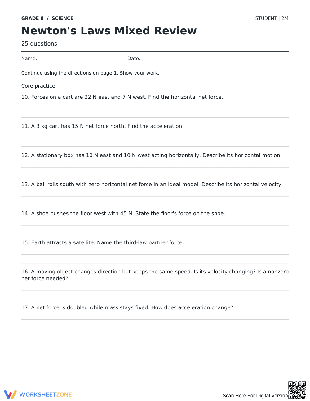 Newton's Laws Worksheet | Essential Grade 8 Science - Page 2