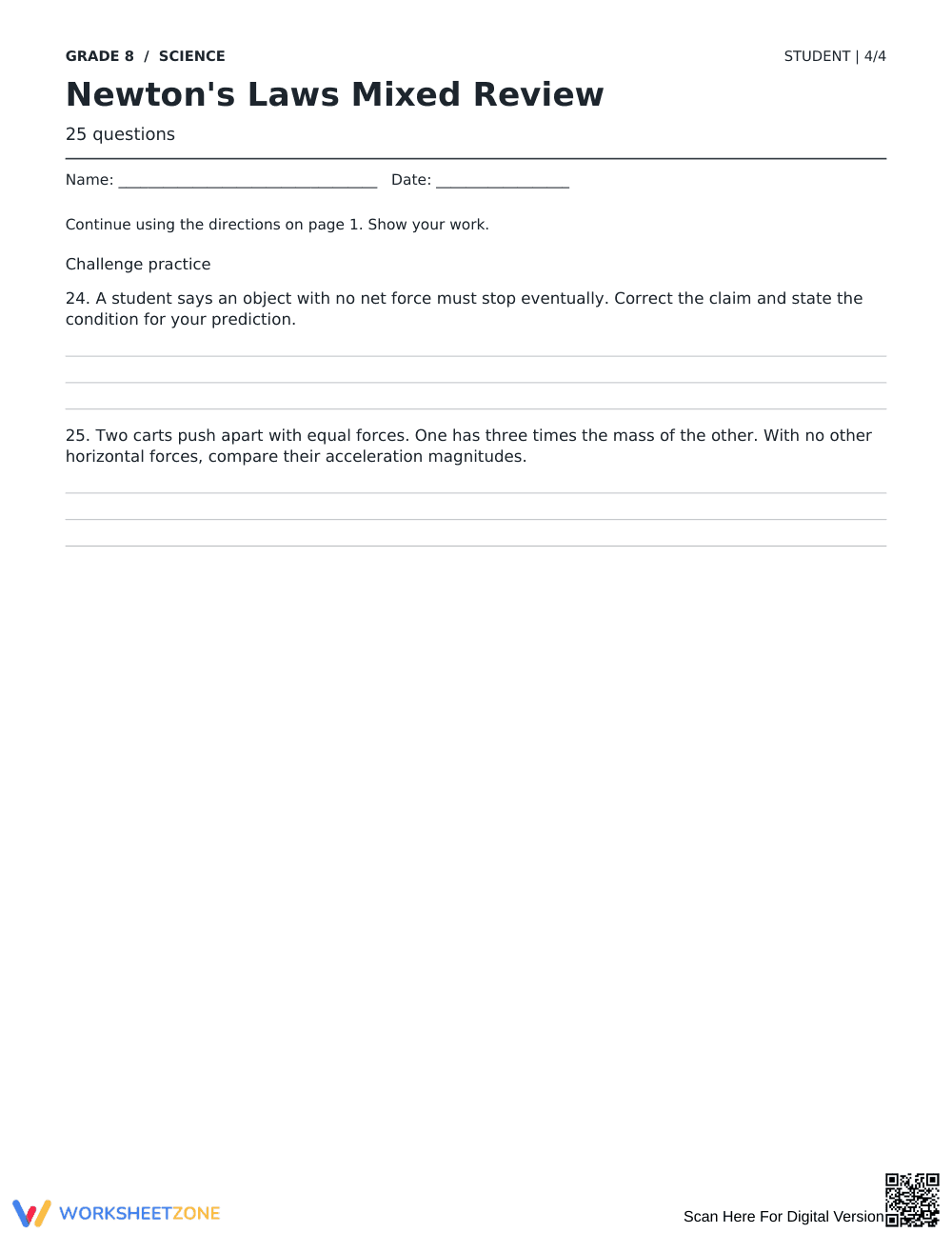 Newton's Laws Worksheet | Essential Grade 8 Science - Page 4