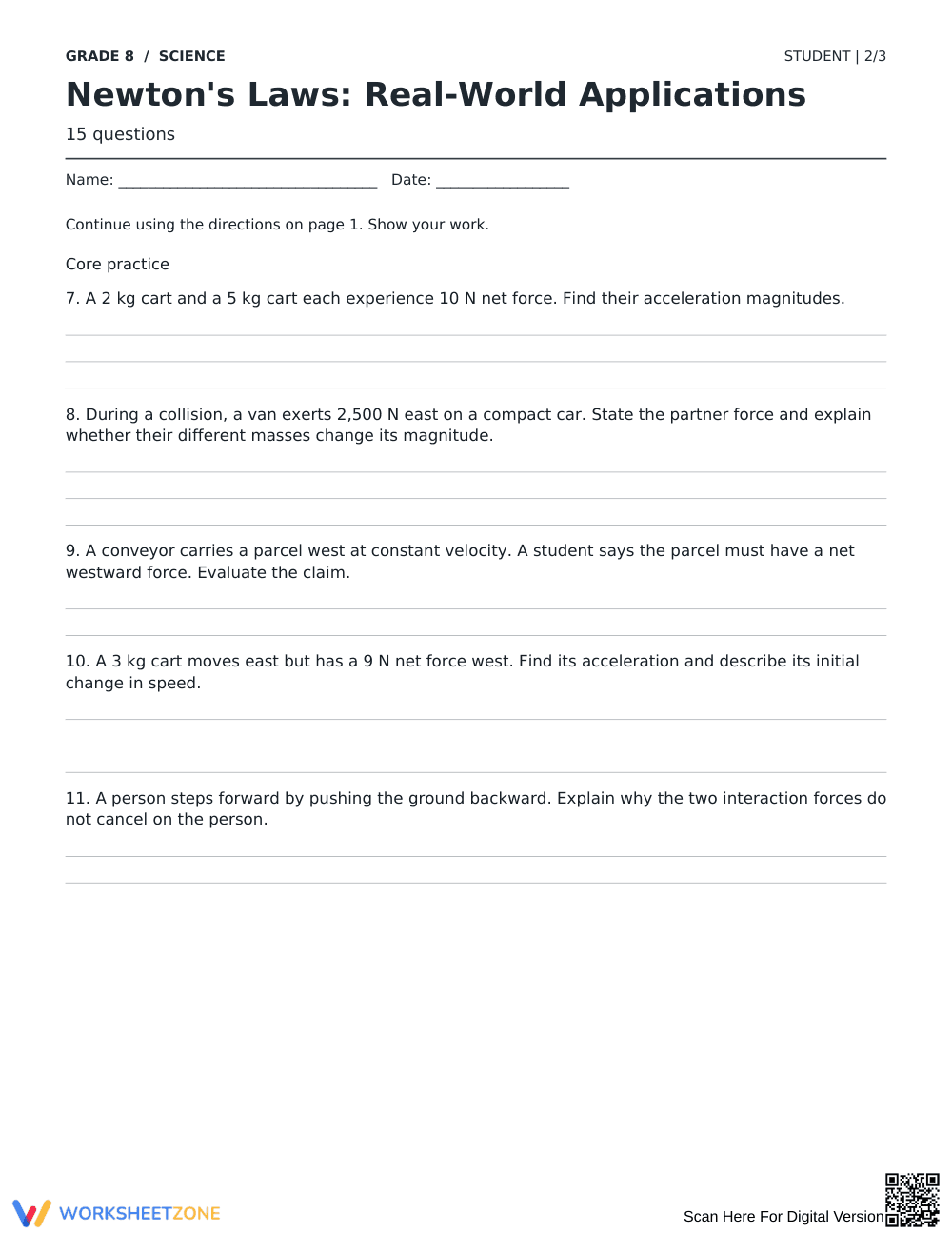 Newton's Laws Worksheet | Grade 8 Science Printable - Page 2