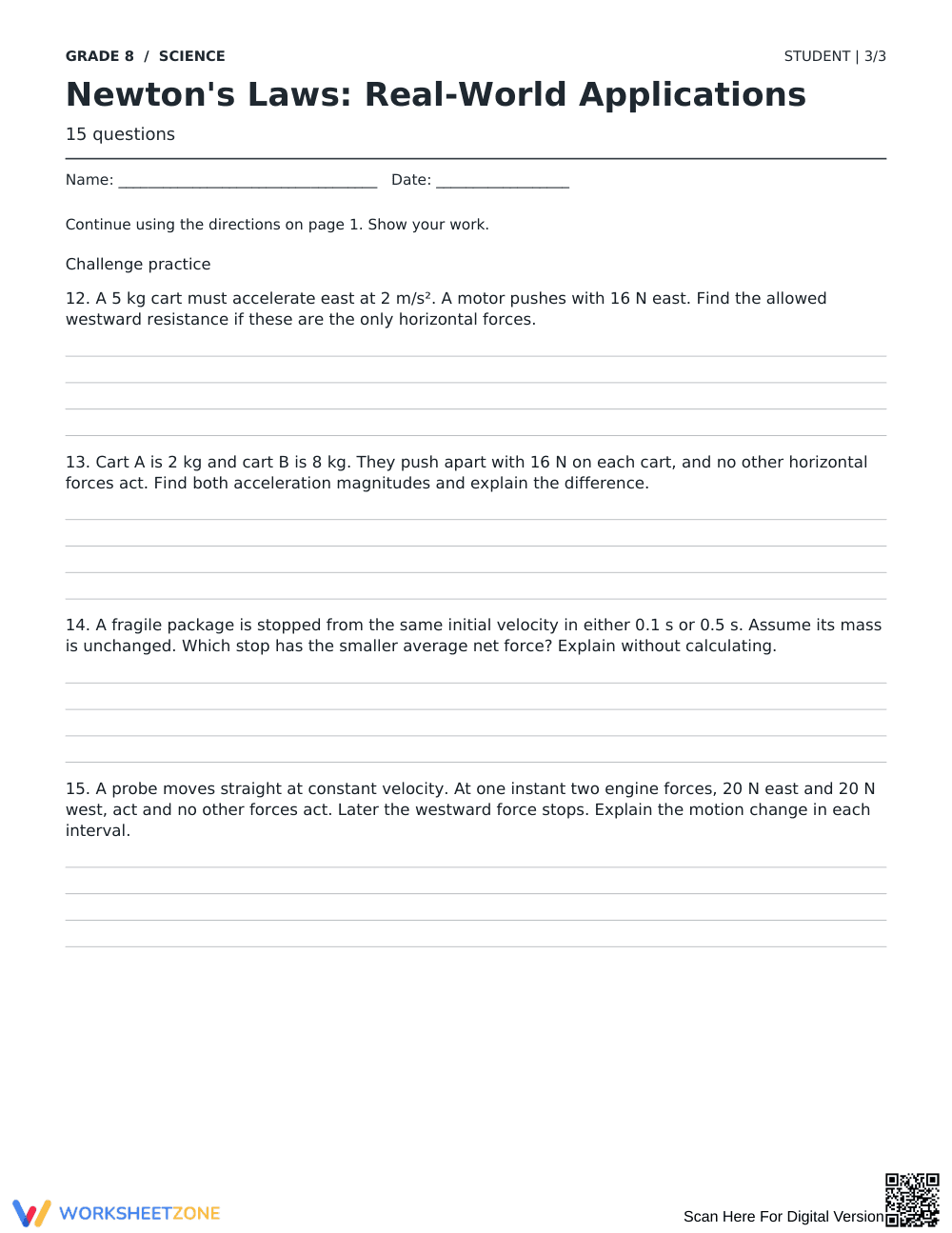 Newton's Laws Worksheet | Grade 8 Science Printable - Page 3