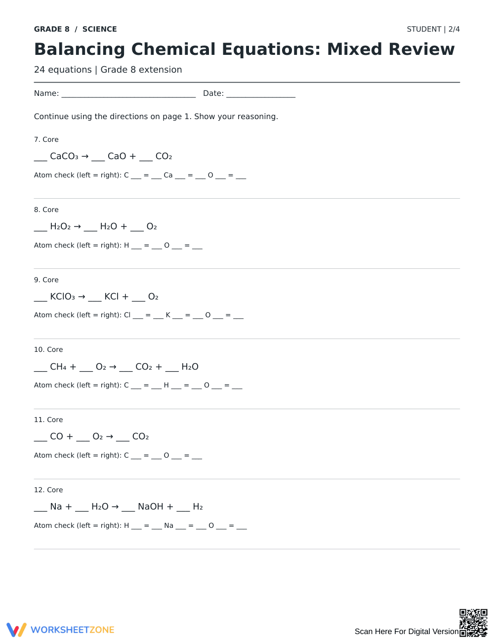 Balancing Chemical Equations Worksheet | Grade 8 Ready - Page 2